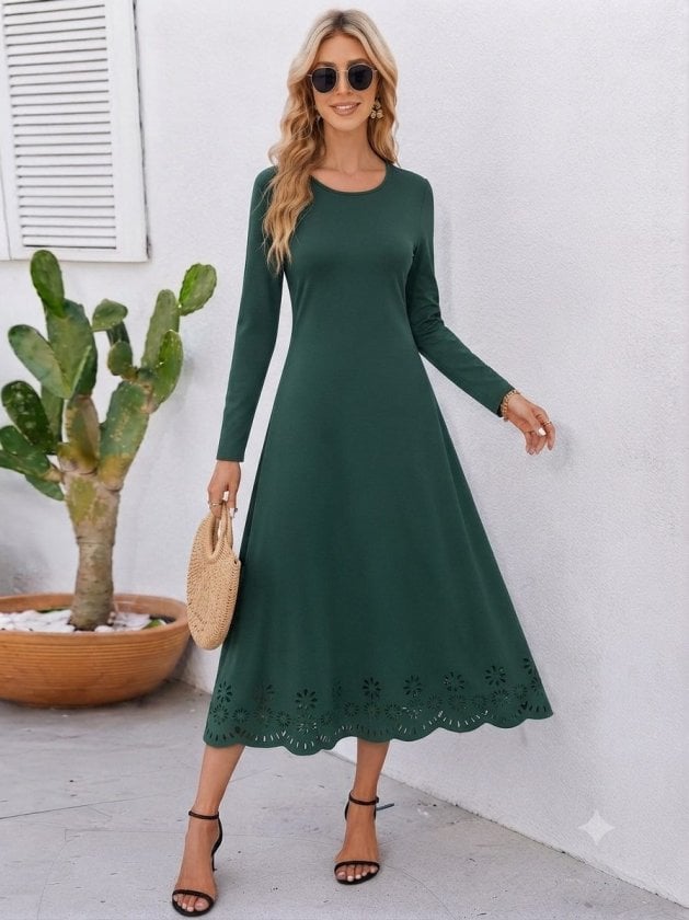 Women's Long-Sleeved Round Neck Floral Laser-Cut Detail Imported Crepe Midi Dress in Dark Green - Janes - by Peralane - photo 2