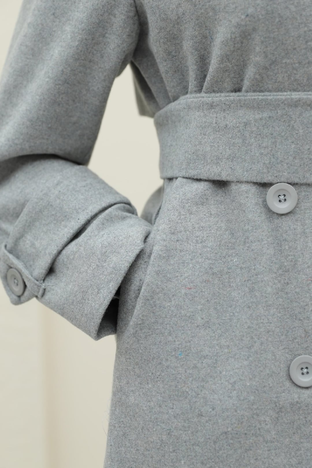 Women's Grey Double-Breasted Belted Wool Coat with Back Bolero Detail - Podyumplus - by Peralane - photo 7