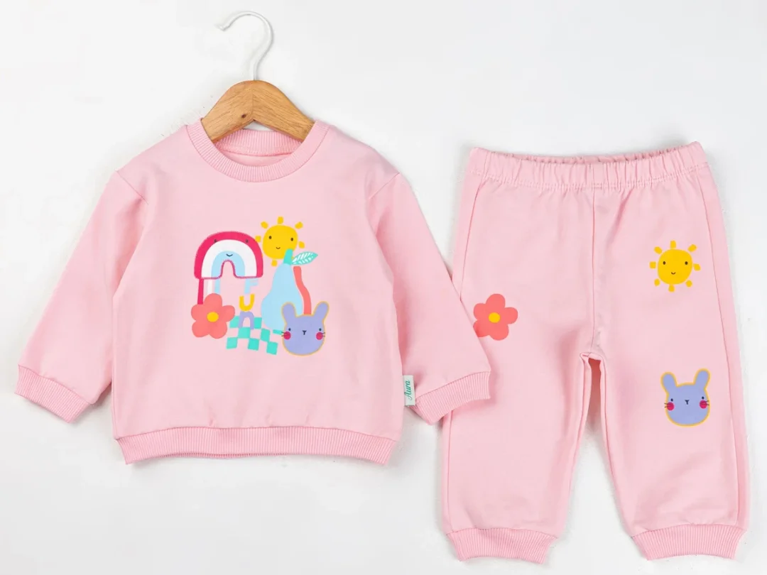 Pink Rabbit Print Baby Girl Set - Sweatshirt and Pants - Comix - by Peralane