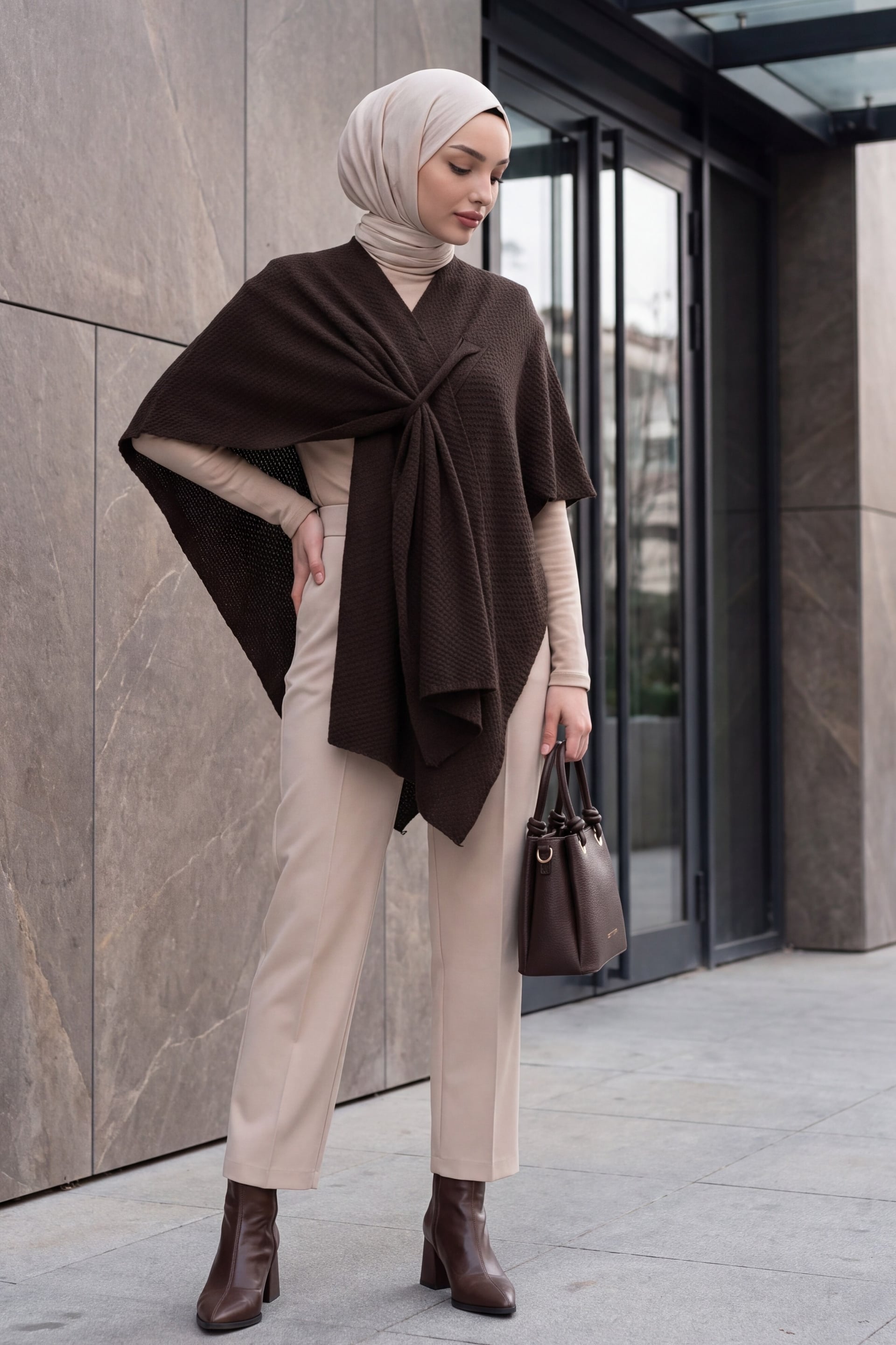 Relaxed Fit Daily Knit Poncho - Dark Brown - Podyumplus - by Peralane - photo 5