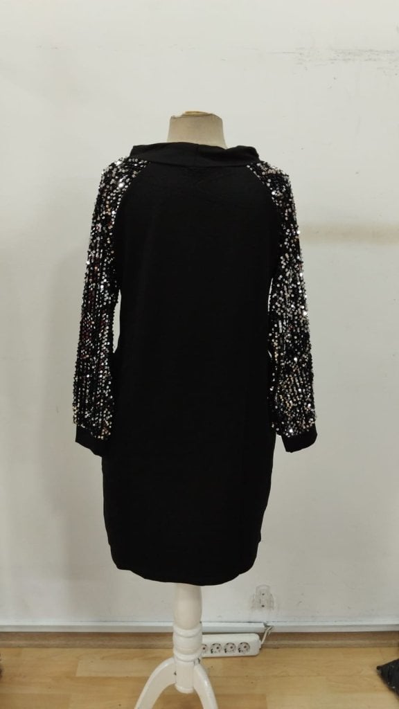 Women's Long Sleeve Sequin Drawstring Mini Dress with Pockets - Black - Janes - by Peralane - photo 6