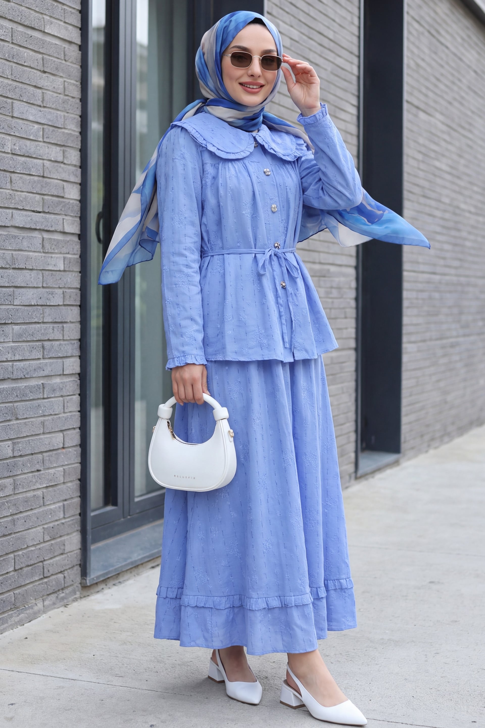 Peter Pan Collar, Lace-Up and Buttoned Skirt, Lined Linen-Look Set - Blue - Podyumplus - by Peralane - photo 5