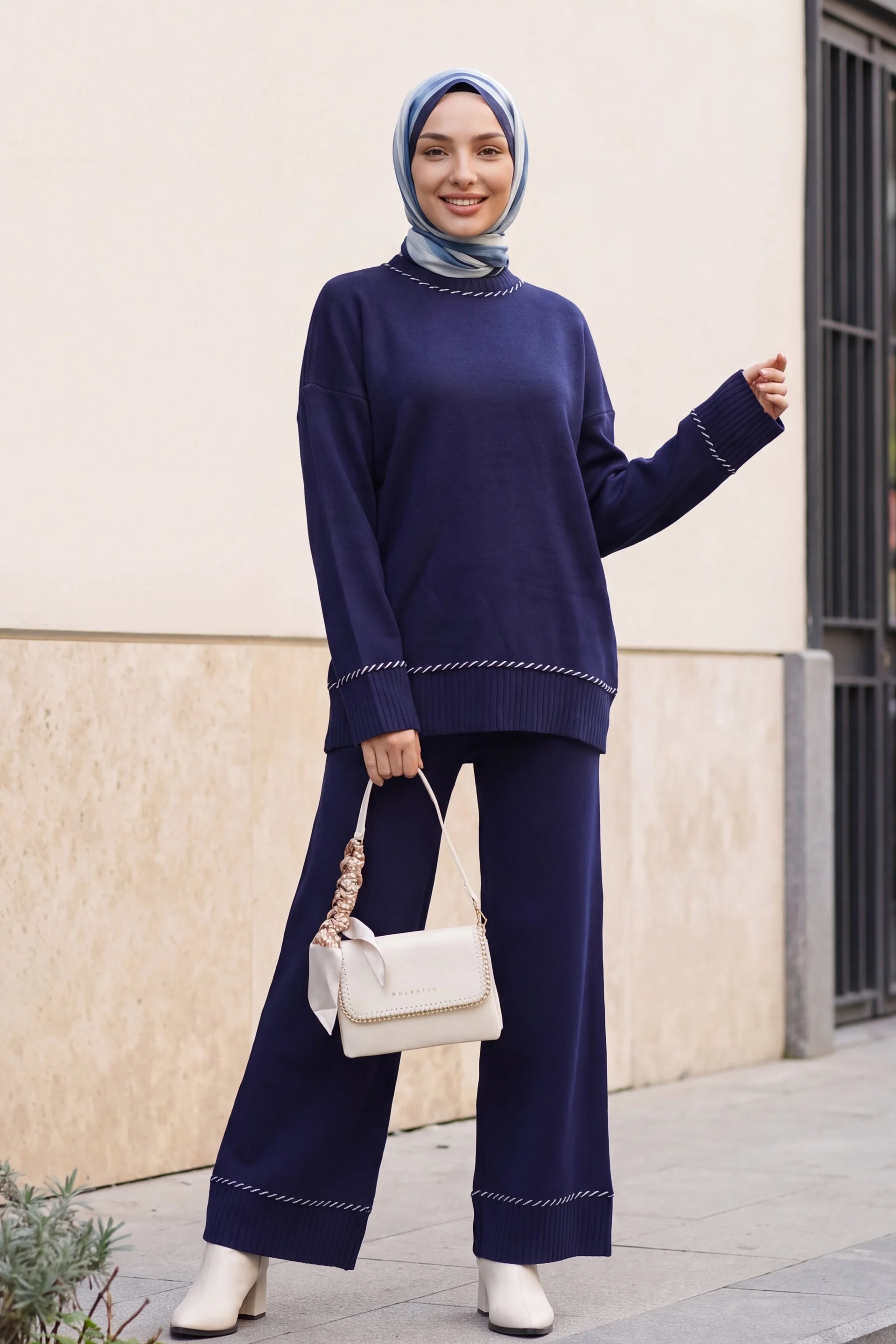 Navy Blue Ribbed Trim Knit Sweater and Wide-Leg Trousers Set - Podyumplus - by Peralane - photo 2