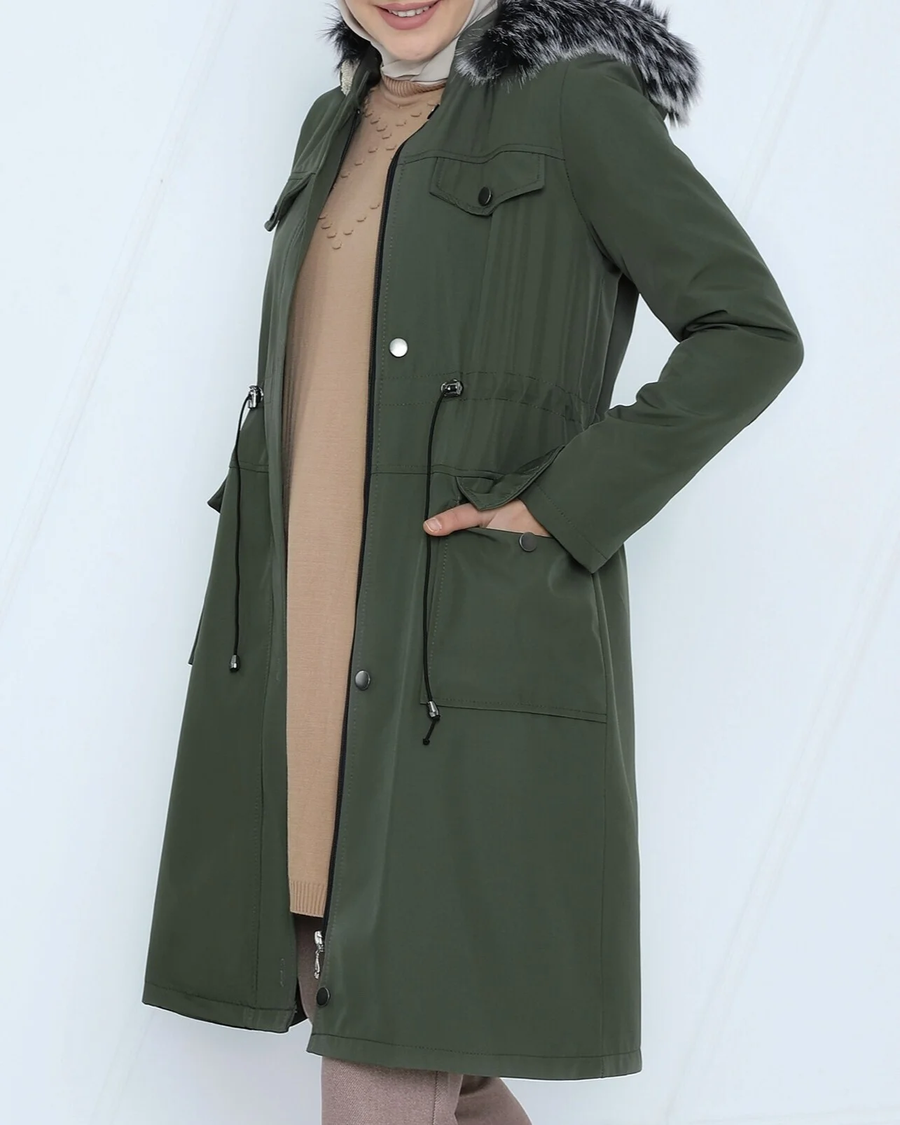 Hooded Drawstring Waist Long Jacket - Olive Green - Podyumplus - by Peralane