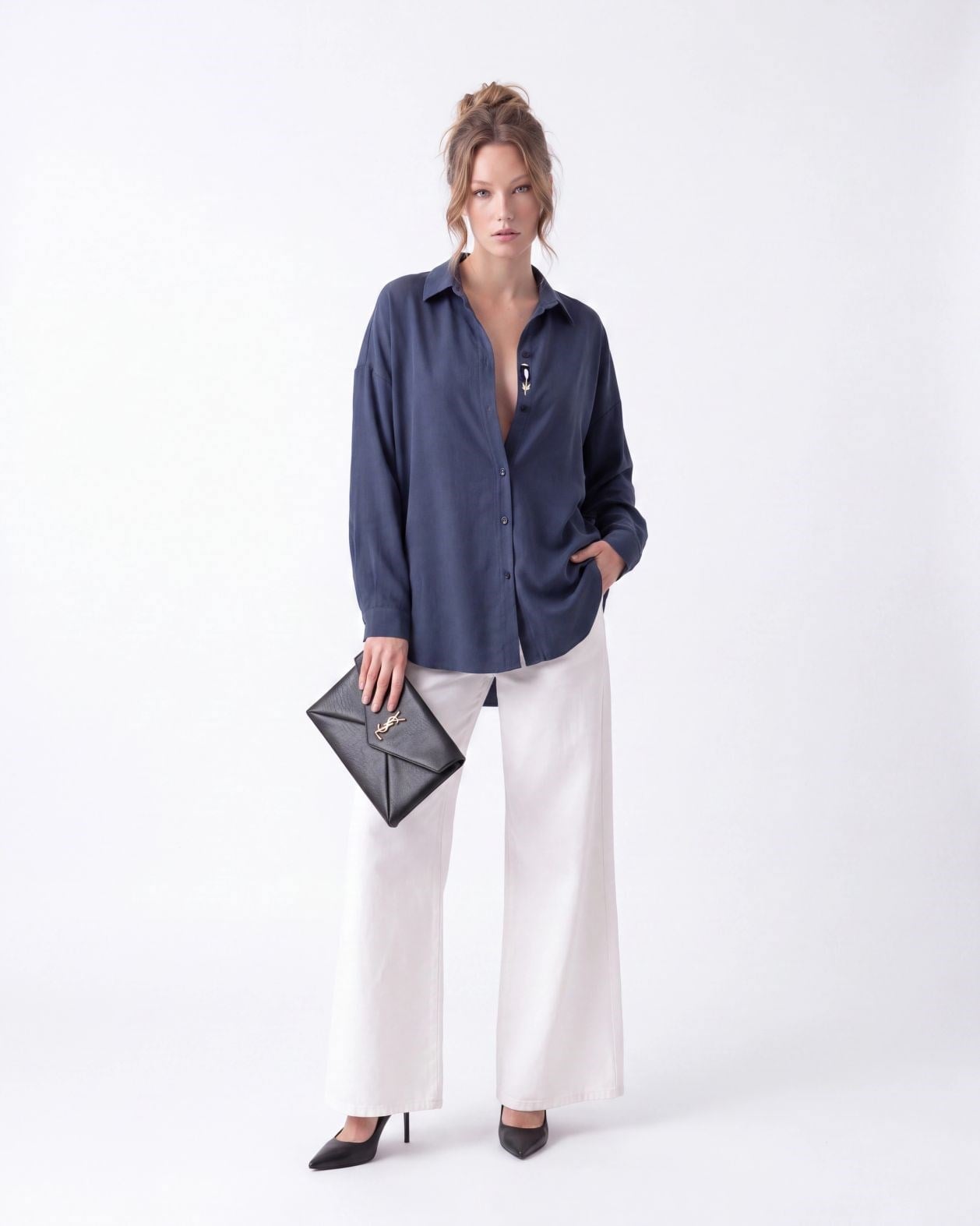 Navy Blue Modal Blend Blouse with Collar and Long Sleeves - Fame - by Peralane