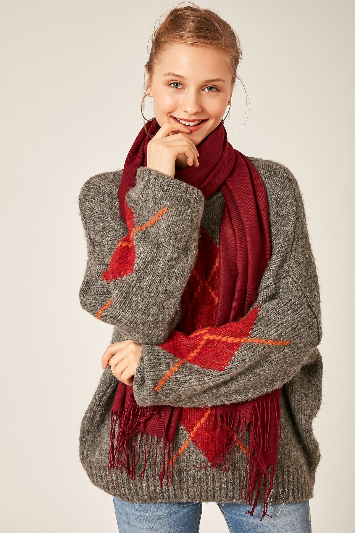 Solid Deep Red Fringed Knit Scarf for Women | Pack of 4 - Nesvay - by Peralane - photo 3