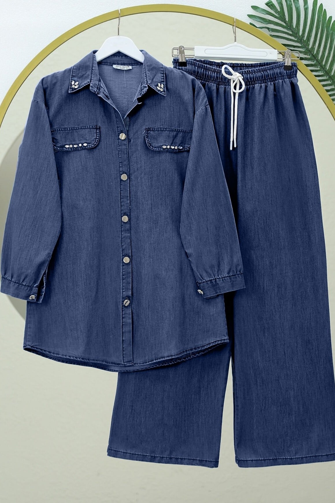 Buttoned Pocket Detail Wide Leg Denim Co-ord Set - Indigo - Podyumplus - by Peralane - photo 4