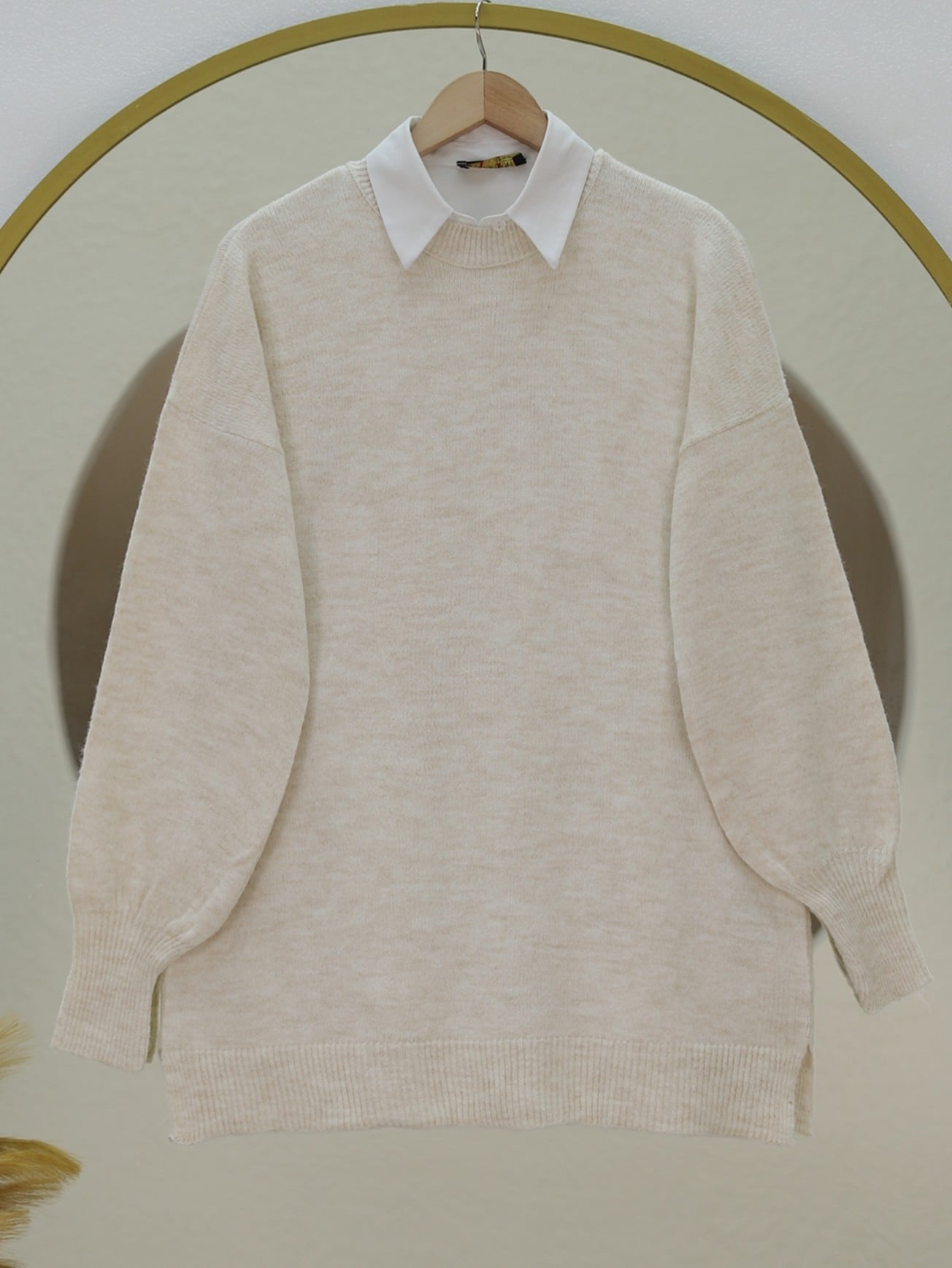 Round Neck Balloon Sleeve Relaxed Knit Sweater - Stone - Podyumplus - by Peralane