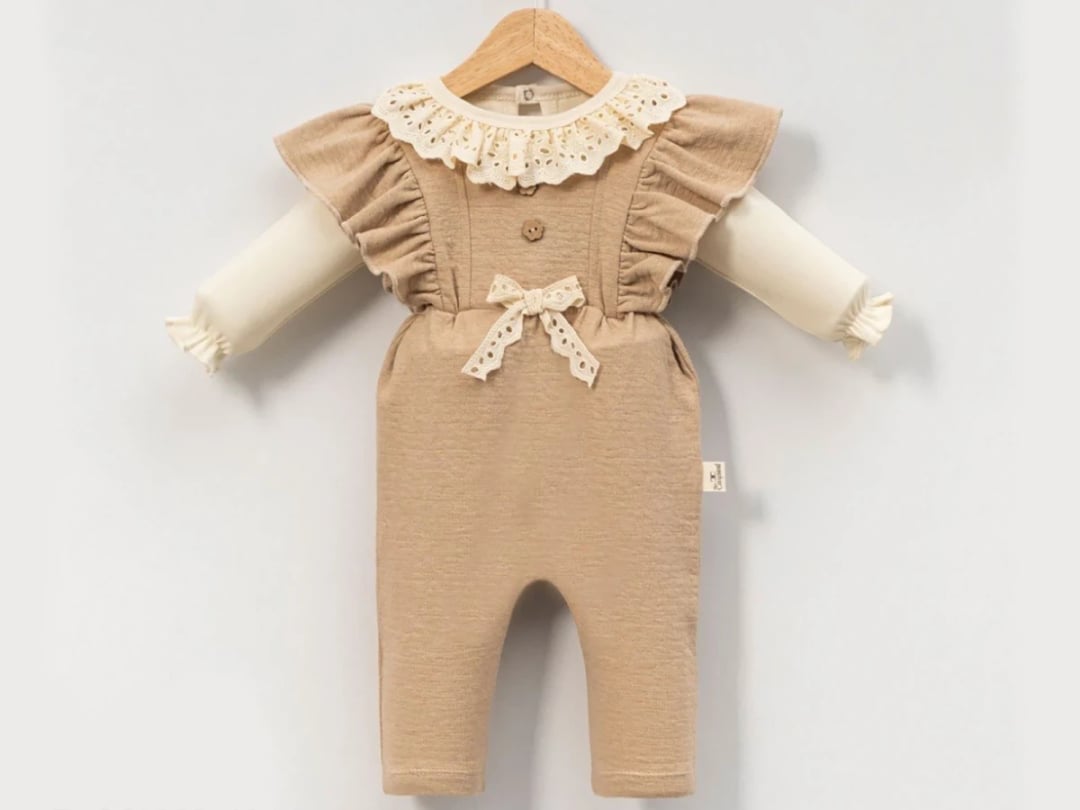 Ruffled Lace Bow Detail Baby Girl Romper Set (Beige) - Cayzen - by Peralane