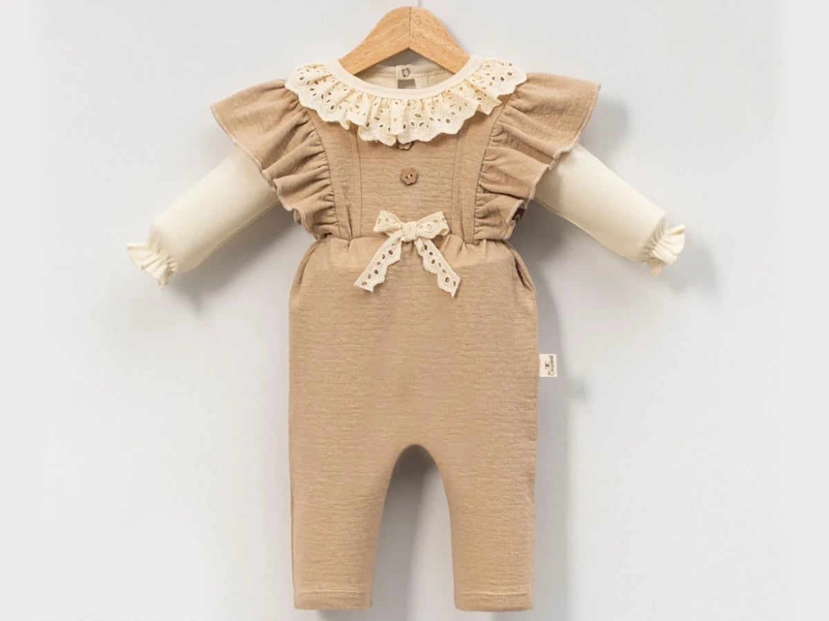Ruffled Lace Bow Detail Baby Girl Romper Set (Beige) - Cayzen - by Peralane