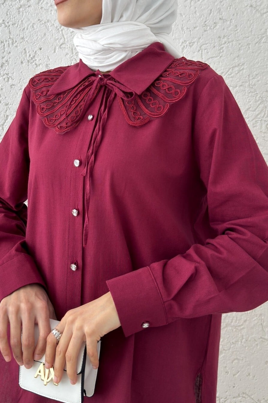 Collar Detail Long Back Button-Up Shirt - Berry Red - Podyumplus - by Peralane - photo 3