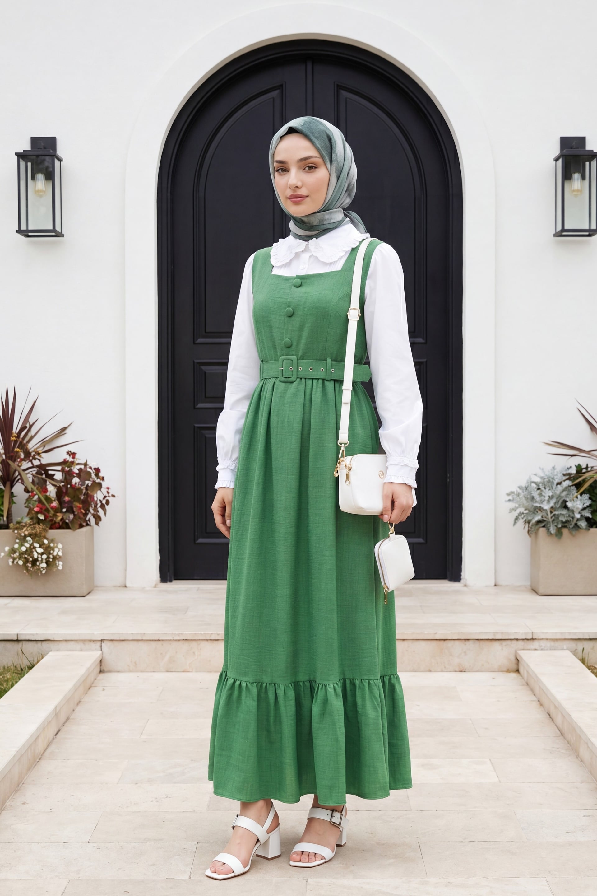 Green Pinafore Dress with Buttoned Front and Ruffled Hem - Podyumplus - by Peralane - photo 2