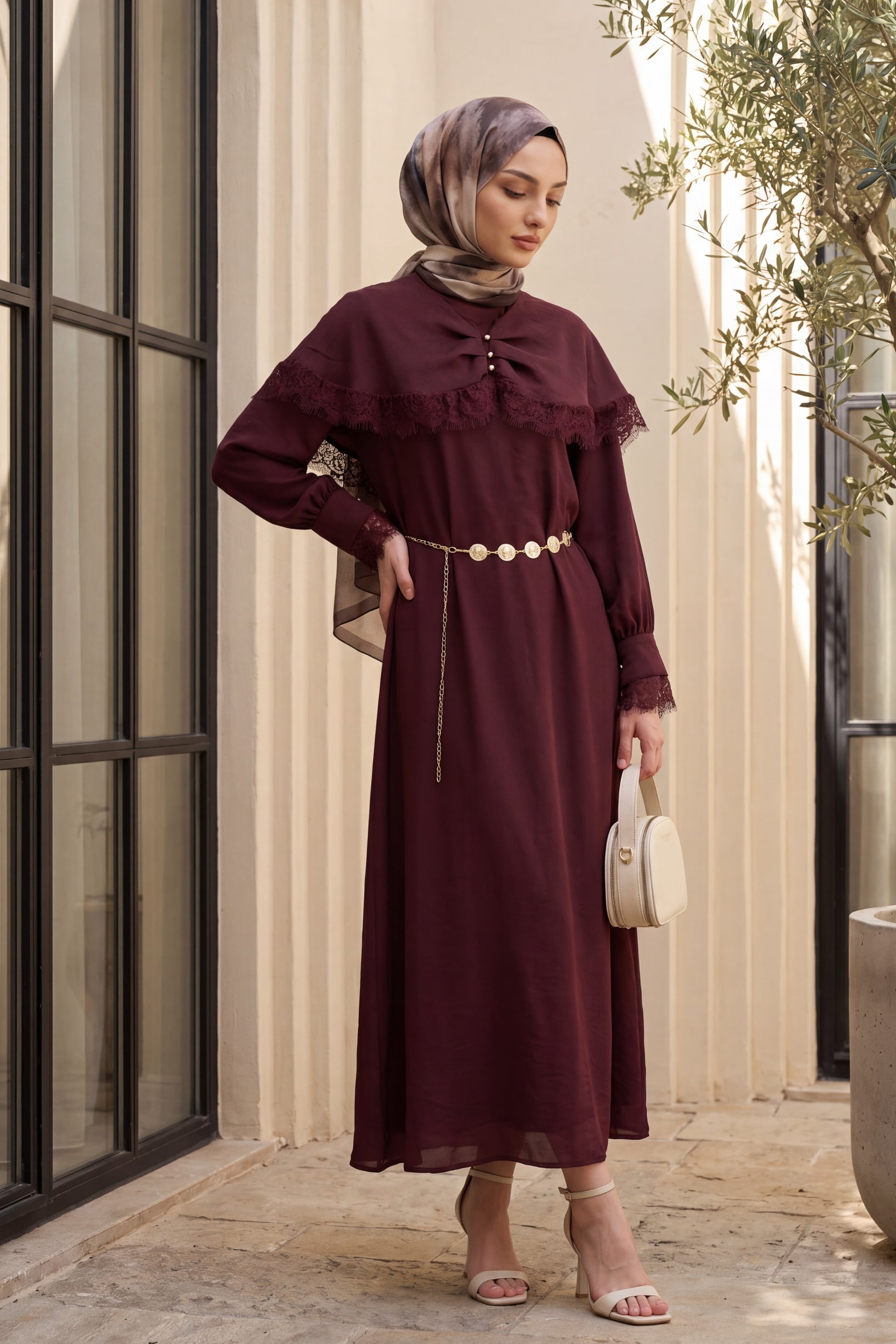 Lace Detail Cape Belted Lined Imported Ibiza Dress - Dark Burgundy - Podyumplus - by Peralane - photo 3
