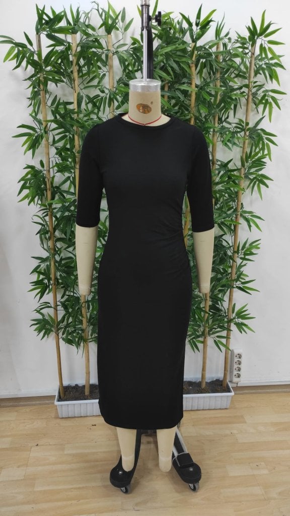 Women's Black Short Sleeve Round Neck Side Slit Viscose Two-Thread Dress - Janes - by Peralane - photo 5