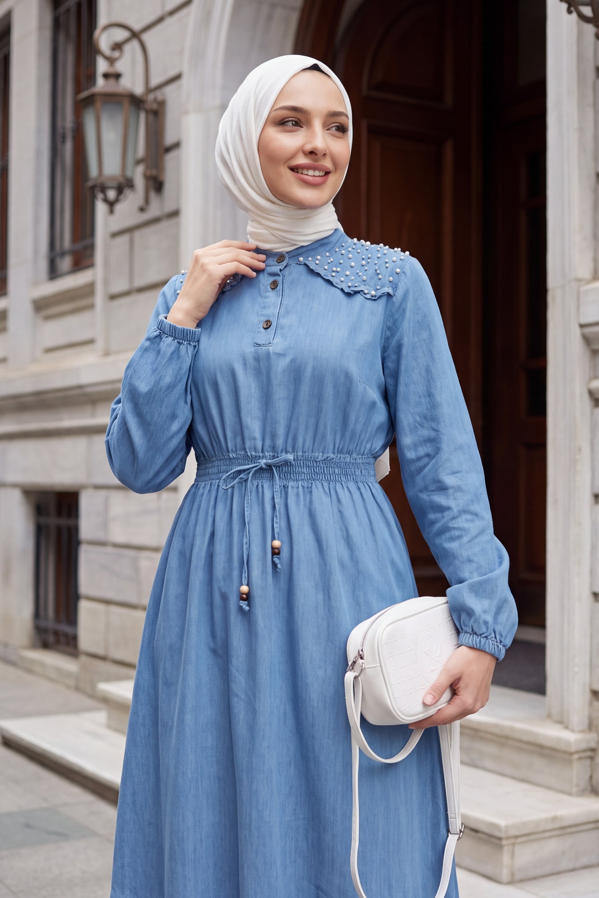 Long Denim Dress with Pearl Shoulder and Elastic Waist - Ice Blue - Podyumplus - by Peralane - photo 5