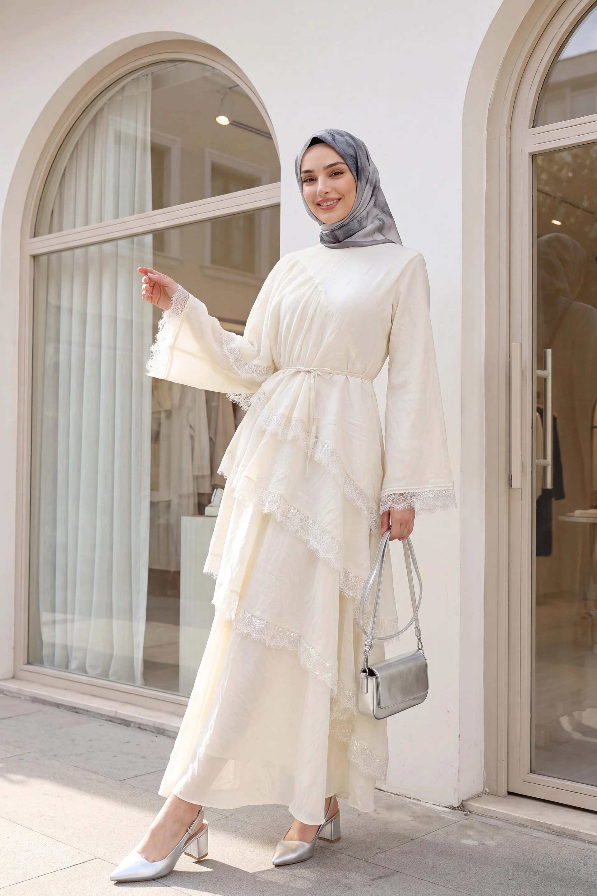 White Lace-Tiered Belted Lined Tulle Modal Dress - Podyumplus - by Peralane - photo 4