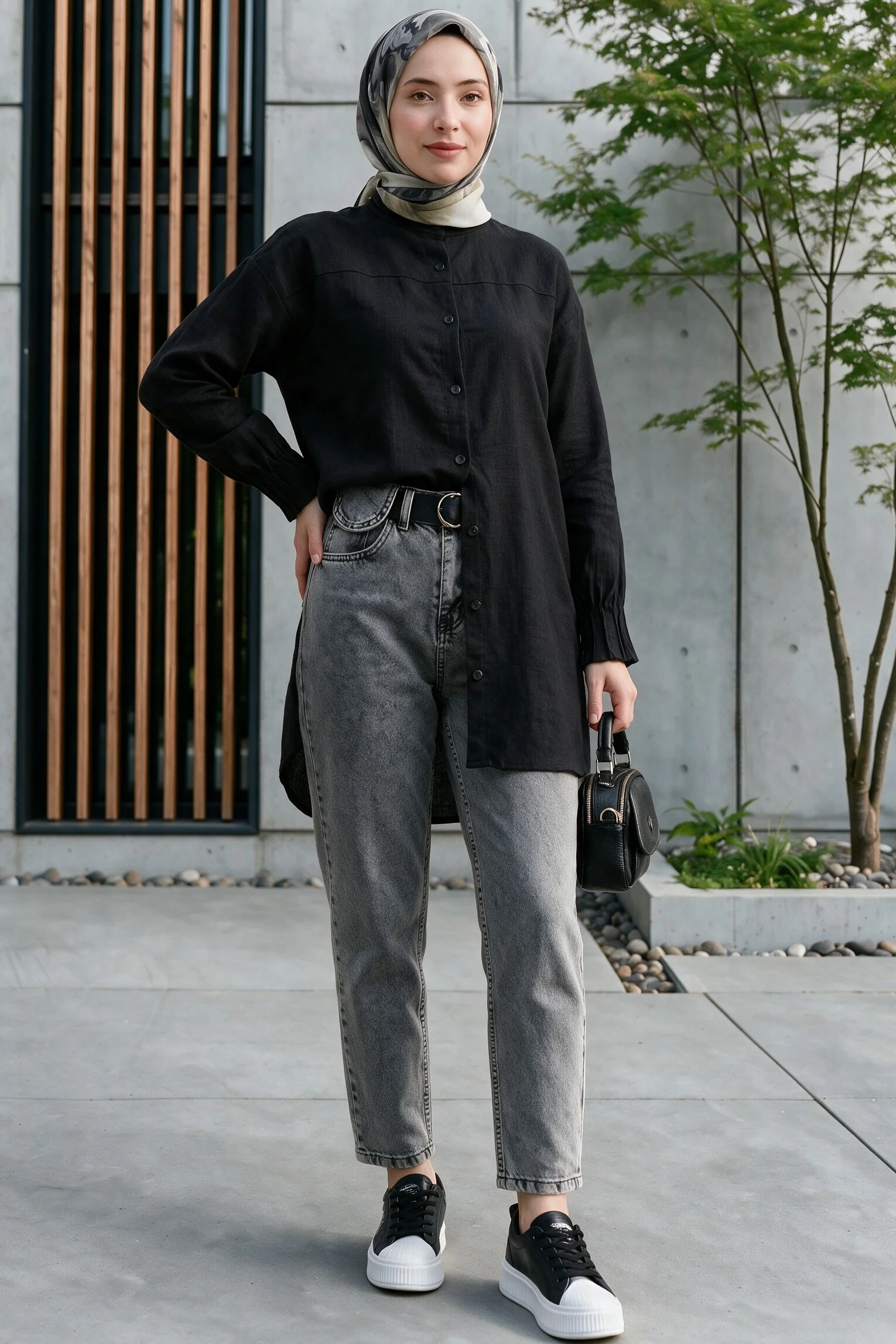 High Waist Belted Denim Trousers with Snap Detail - Smoke Grey - Podyumplus - by Peralane - photo 2