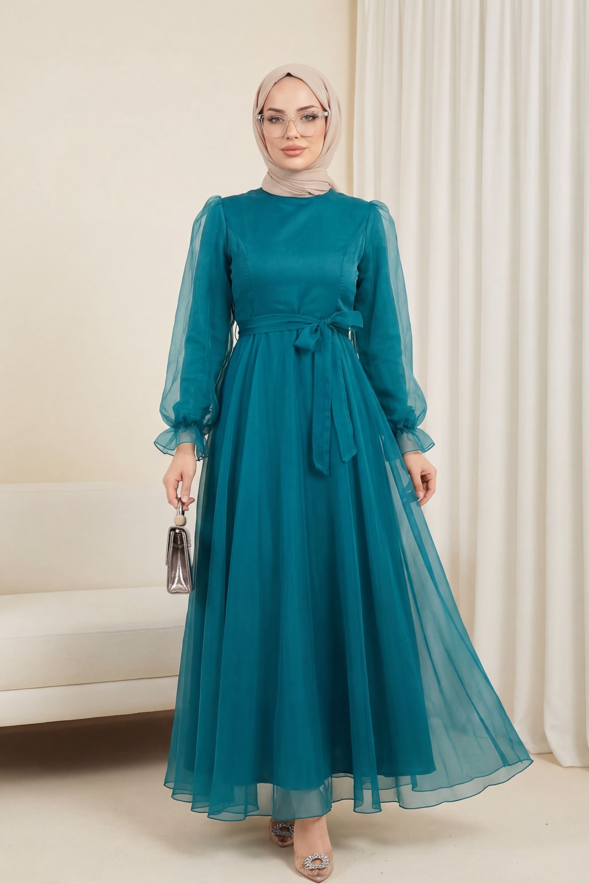 Women's Petrol Tulle Evening Dress with Puffed Sleeves and Belt - Podyumplus - by Peralane