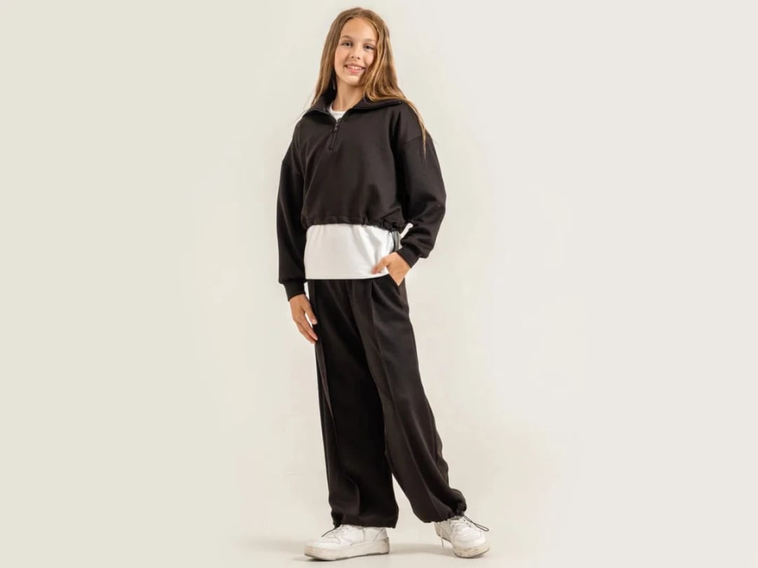 Girls' Zip-Neck Sweatshirt and Wide-Leg Trousers Set - ÖZ Bebe - by Peralane