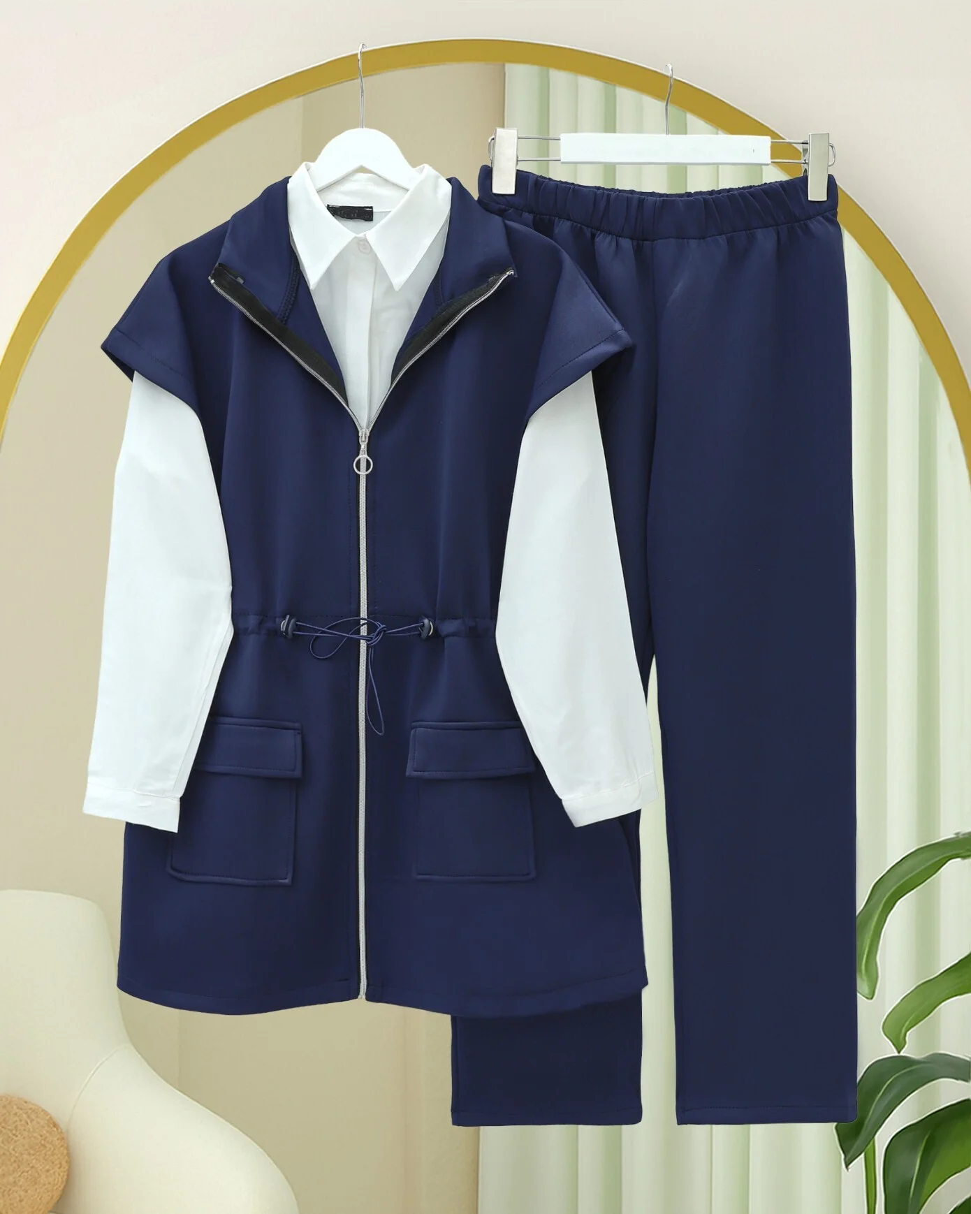 Women's Double Pocket Zip Detailing Short Sleeve Scuba Set - Dark Navy - Podyumplus - by Peralane - photo 5