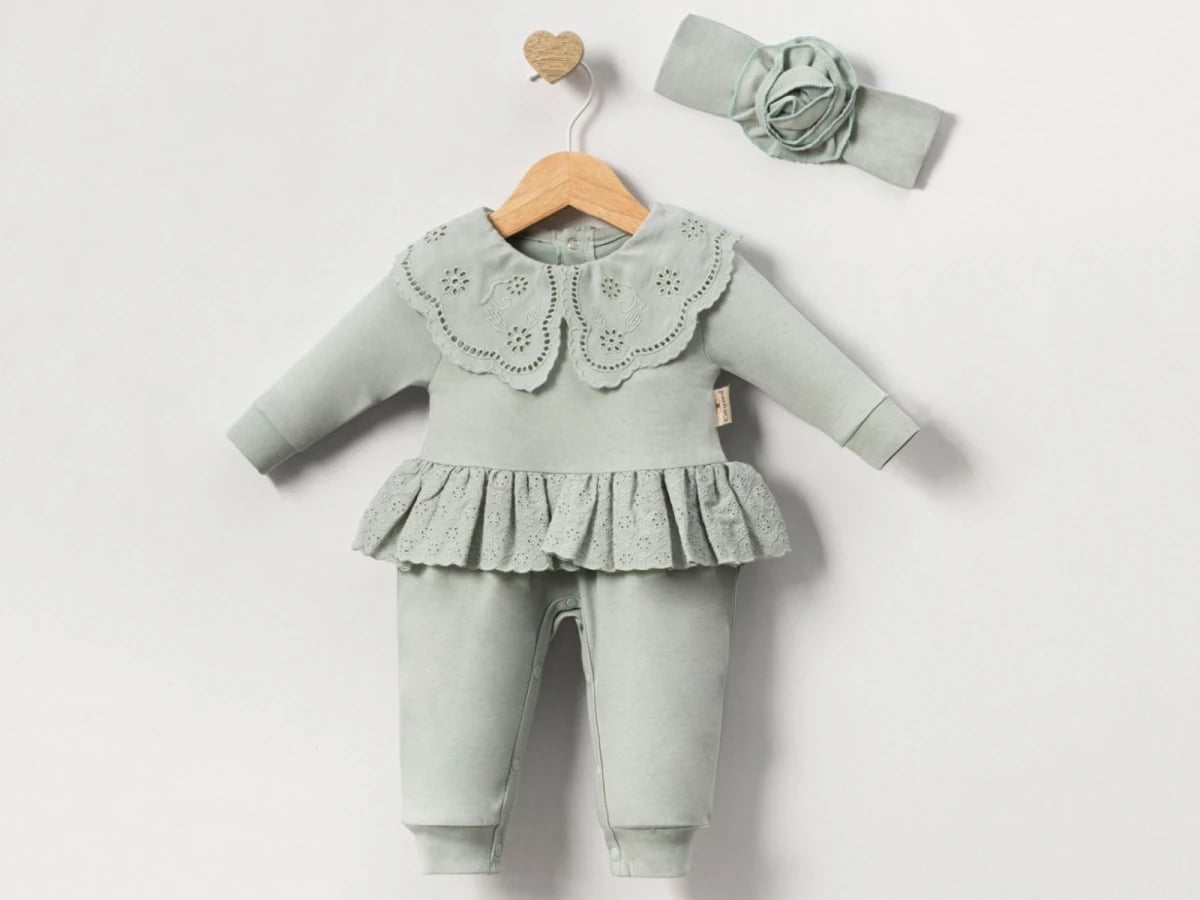 Ruffled Collar Baby Girl Romper and Headband Set - Pale Green - Cayzen - by Peralane