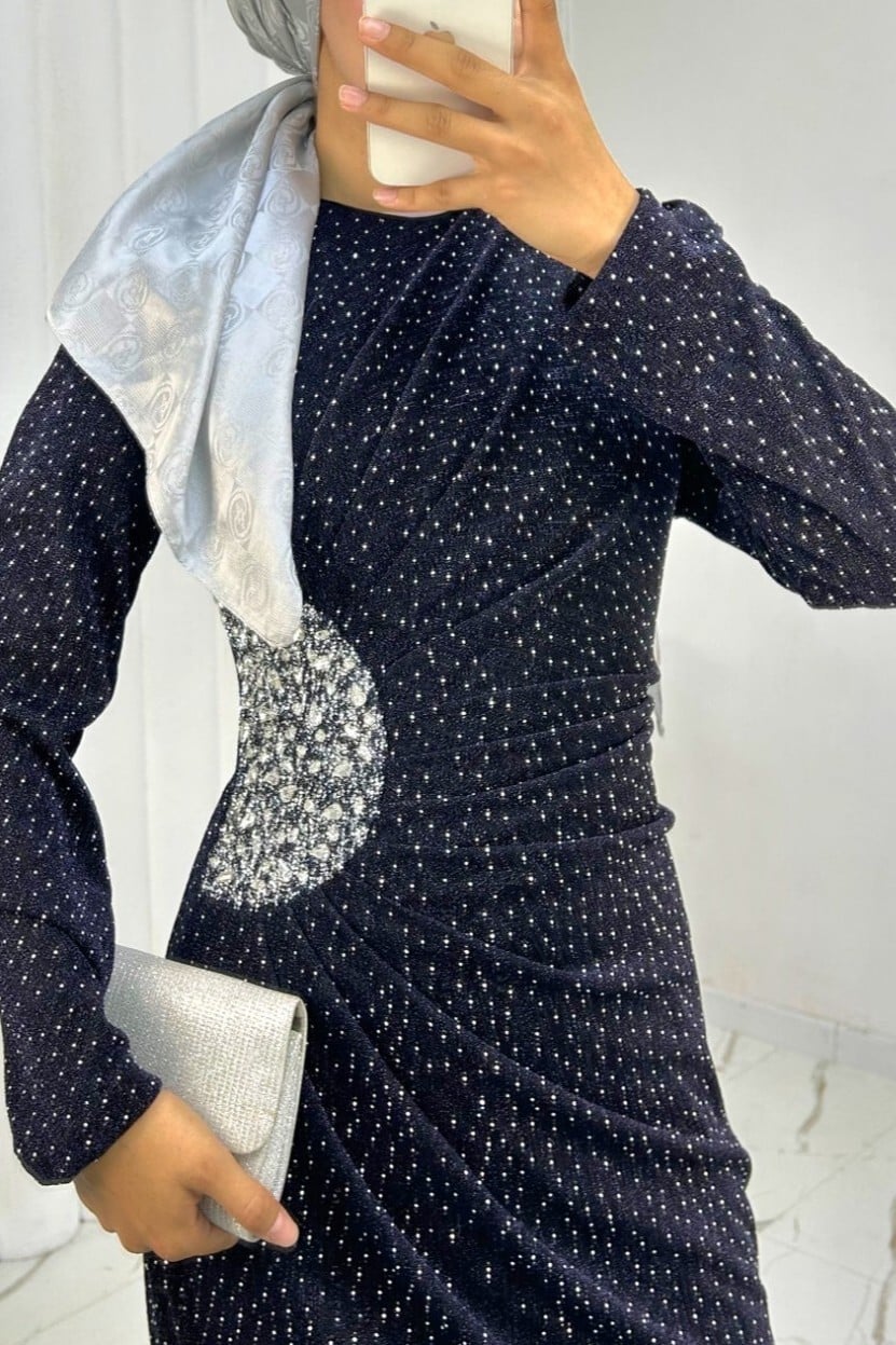 Navy Blue Draped Rhinestone Long Evening Dress - Podyumplus - by Peralane - photo 7