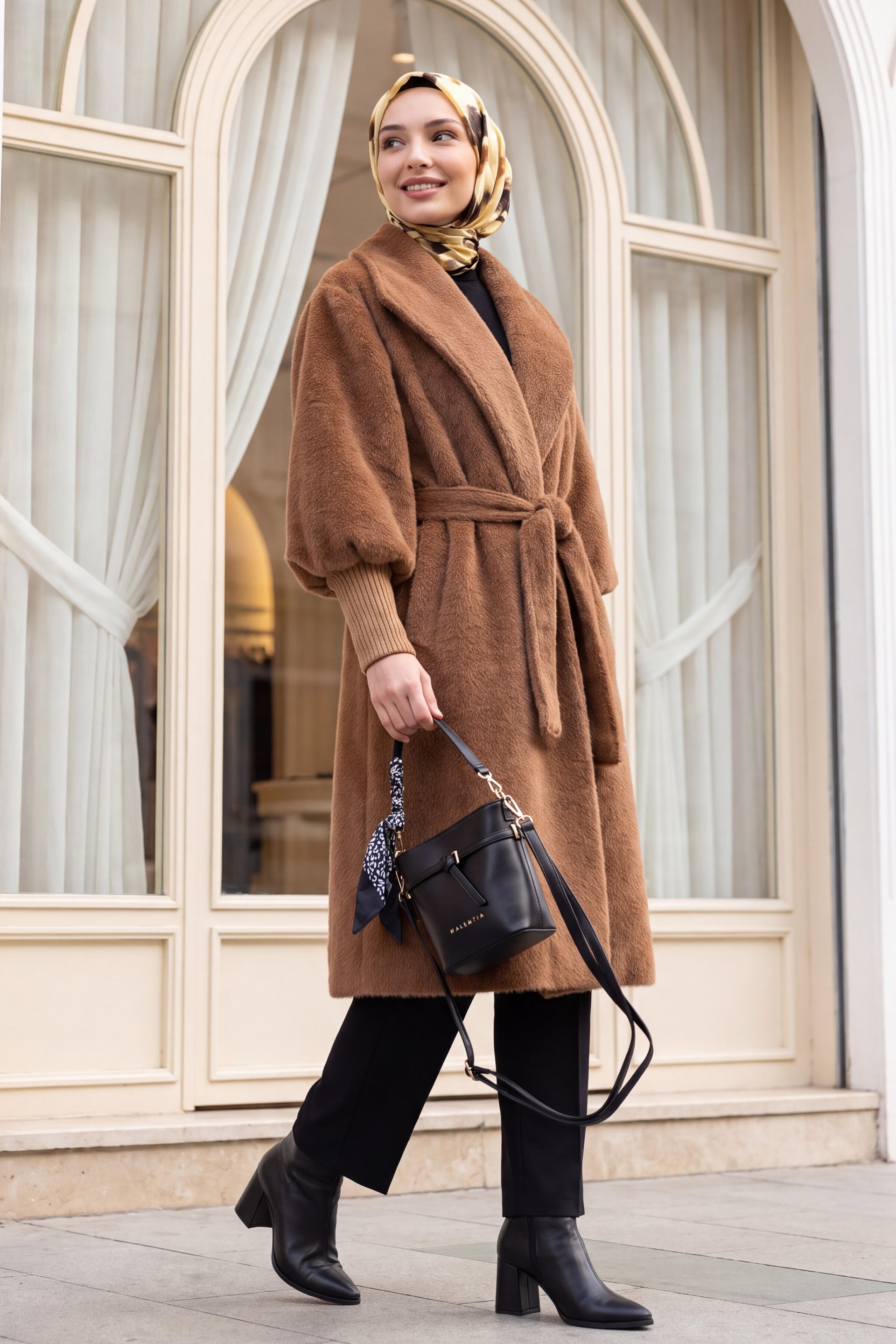 Women's Ribbed-Sleeve Shawl Collar Lined Coat - Tan - Podyumplus - by Peralane