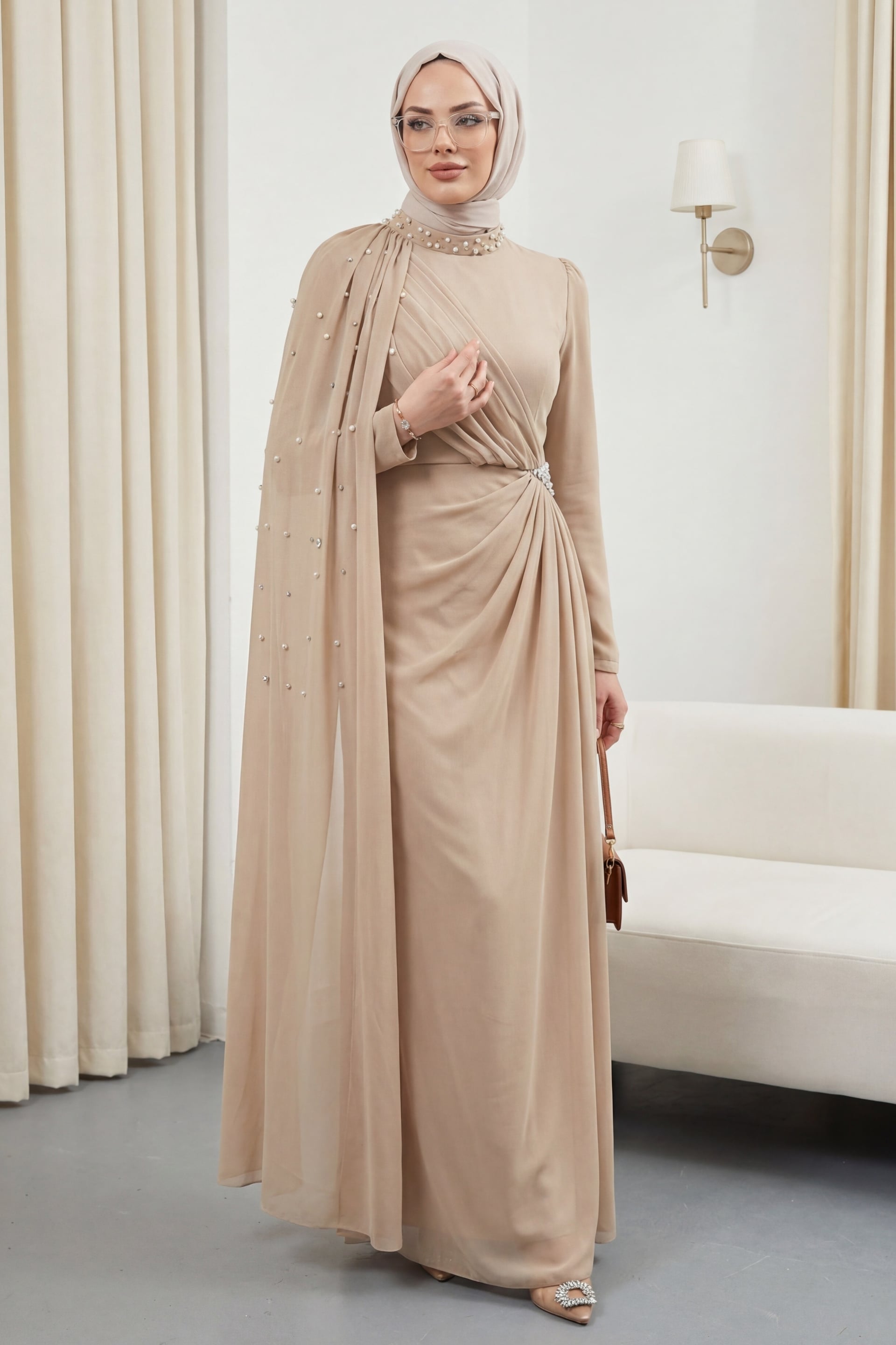 Pearl Detail Tulle Cape High Neck Evening Dress - Light Beige - Podyumplus - by Peralane - photo 3