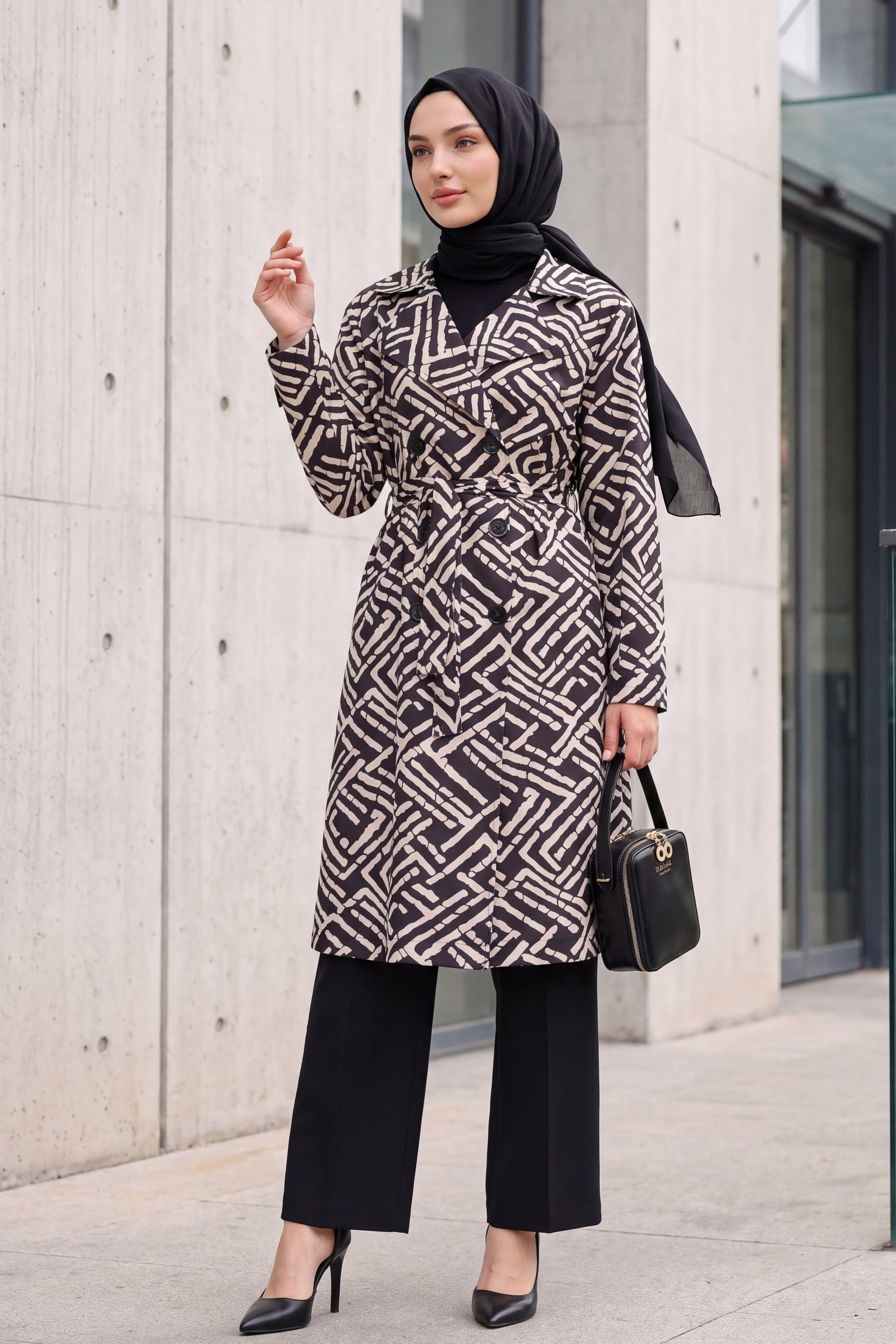 Black and Cream Abstract Print Double-Breasted Belted Trench Coat - Bigdart - by Peralane - photo 3