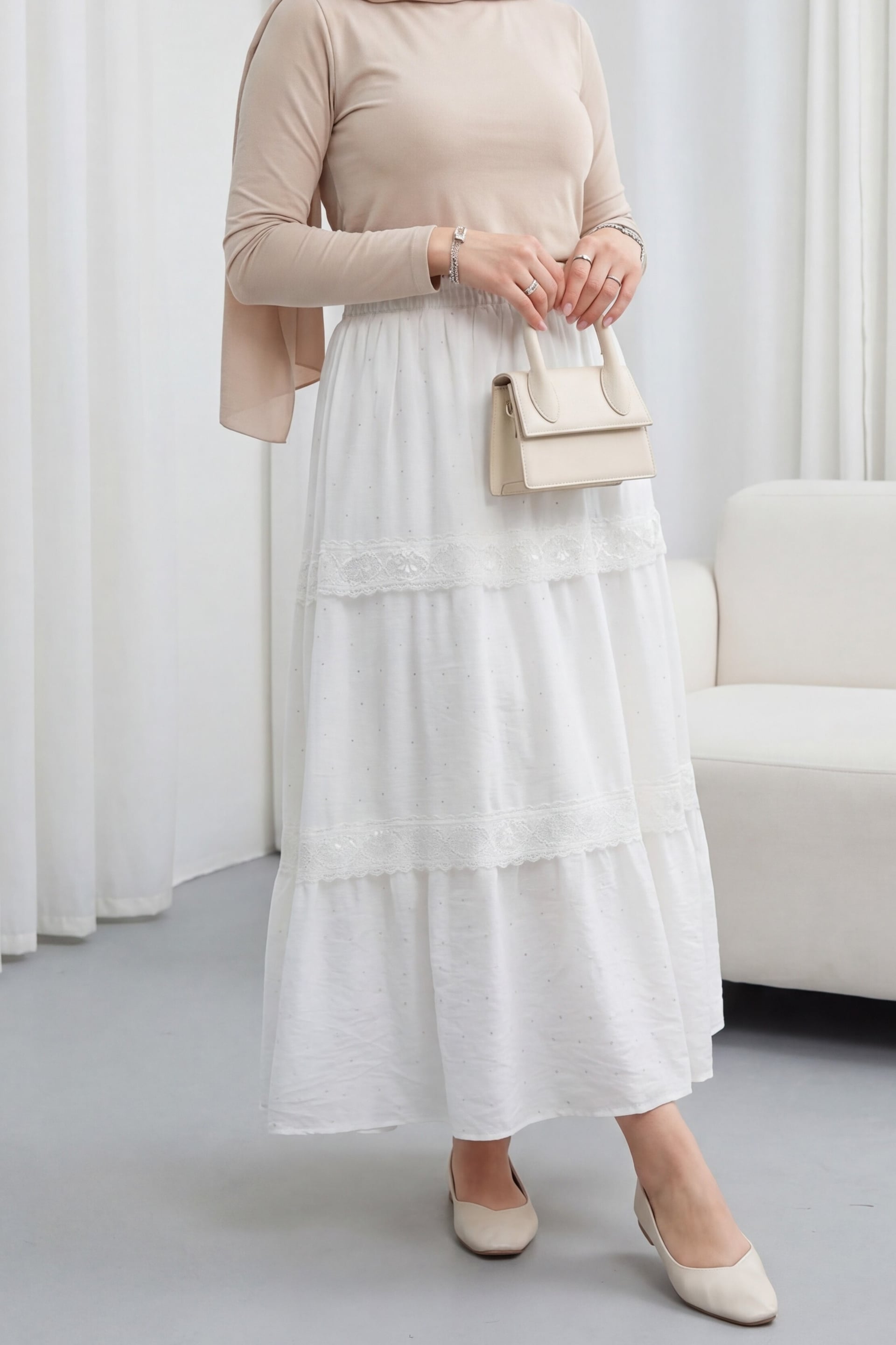 White Lace Trim and Stone Detail Voile Skirt with Elastic Waistband - Podyumplus - by Peralane - photo 4