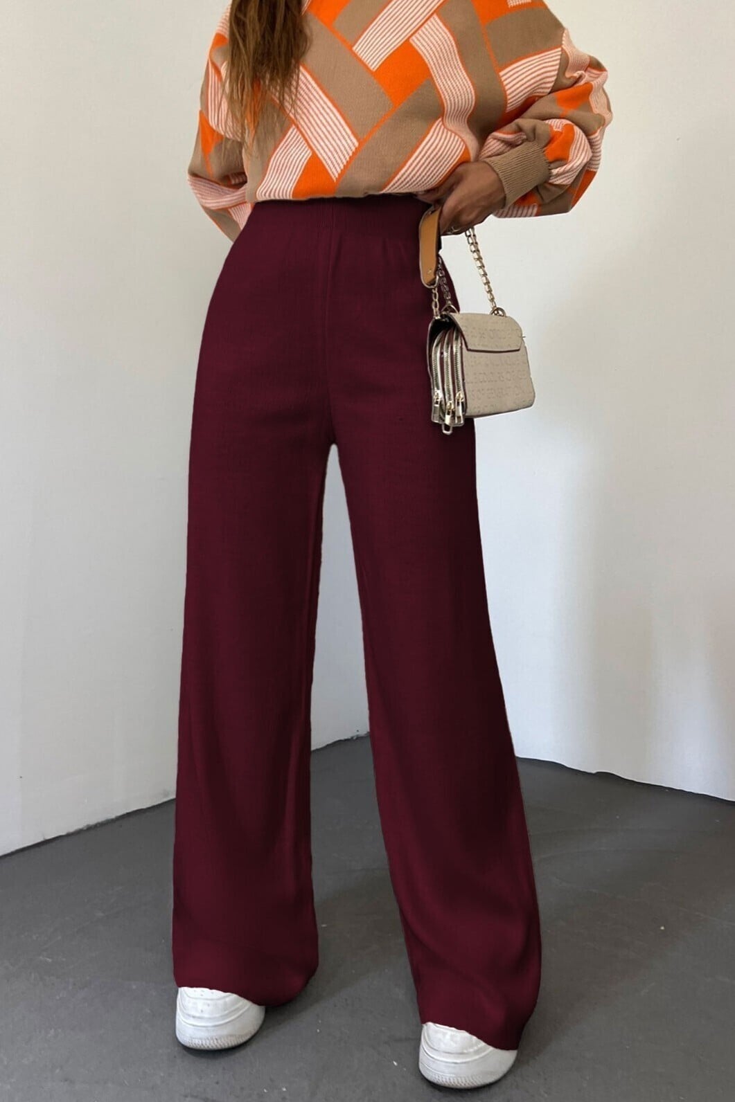 Burgundy Wide-Leg Knit Lounge Pants - Podyumplus - by Peralane - photo 3