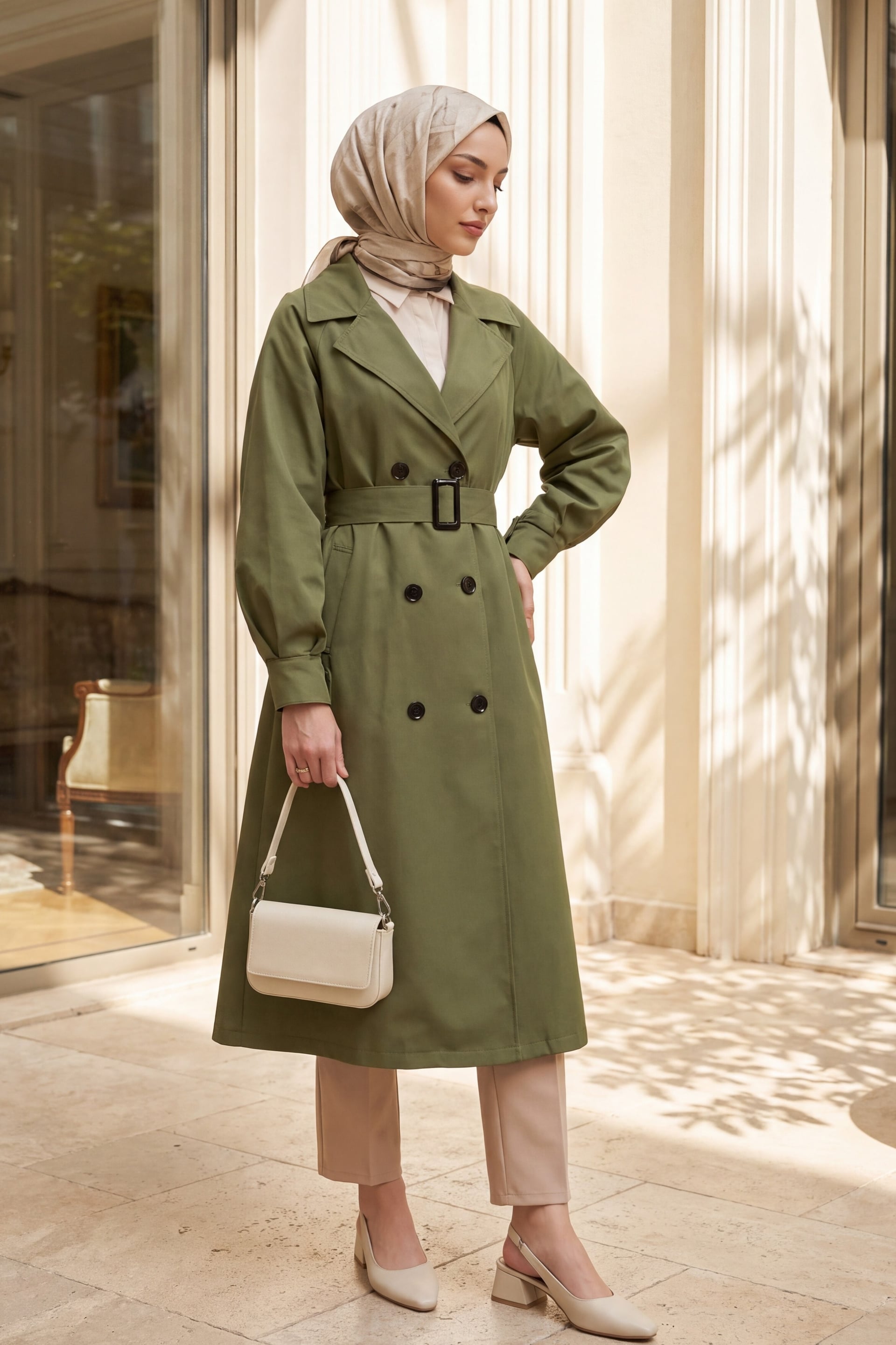 Oversize Belted Balloon Sleeve Trench Coat - Olive Green - Podyumplus - by Peralane - photo 3