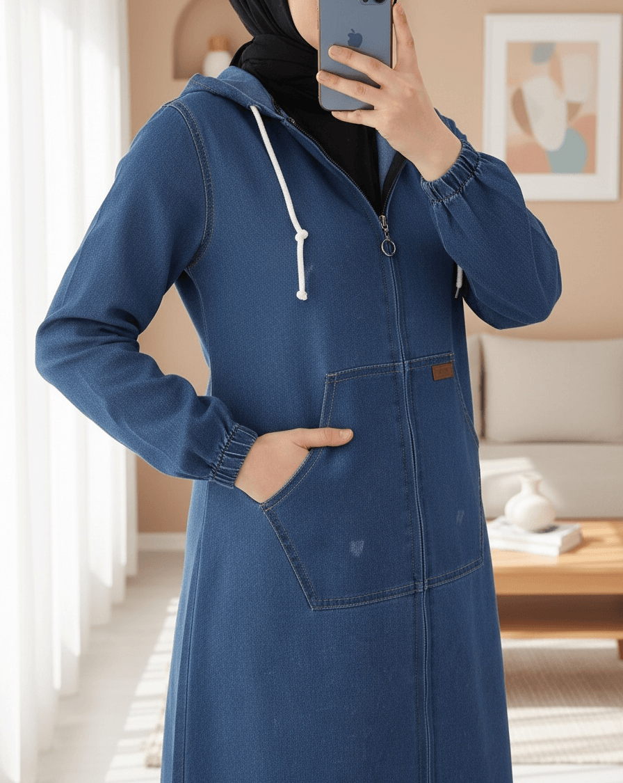 Blue Zip-Front Hooded Denim Trench Coat - Podyumplus - by Peralane
