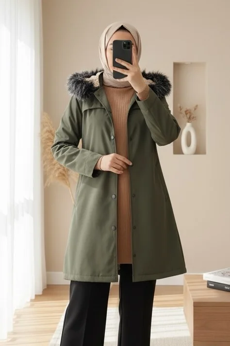 Women's Hooded Snap-Front Short Jacket with Faux Fur Trim - Olive - Podyumplus - by Peralane