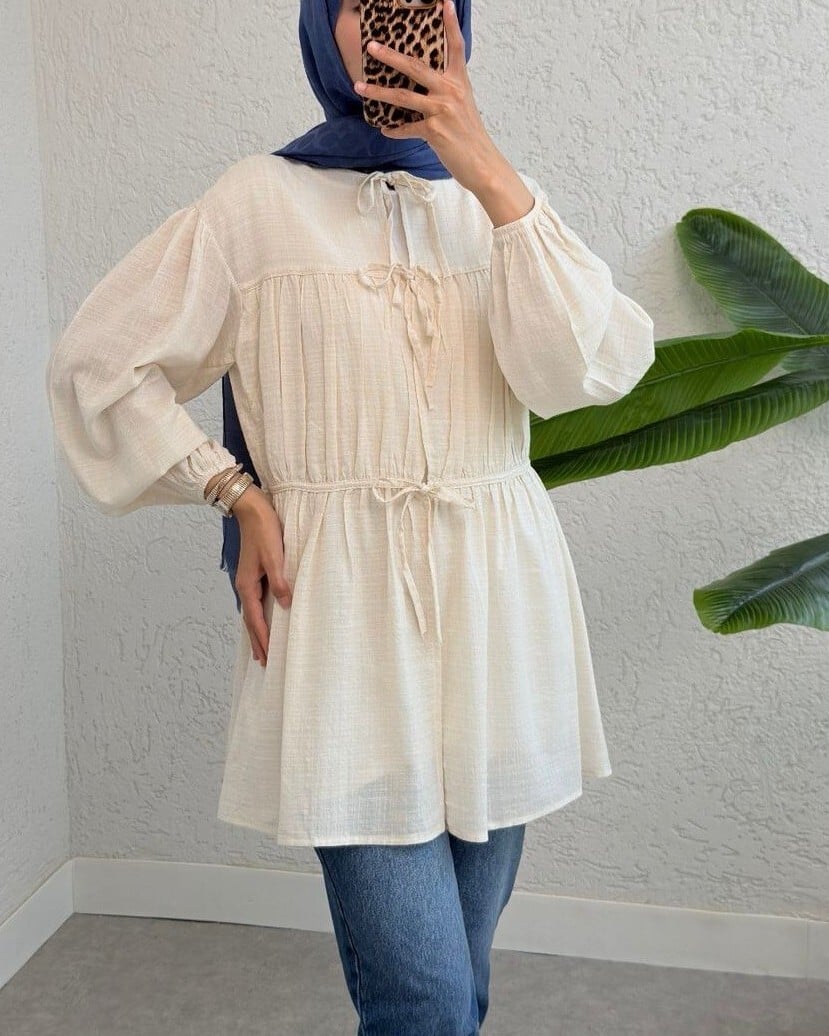 Front Tie Long Sleeve Tunic - Ecru - Podyumplus - by Peralane - photo 3