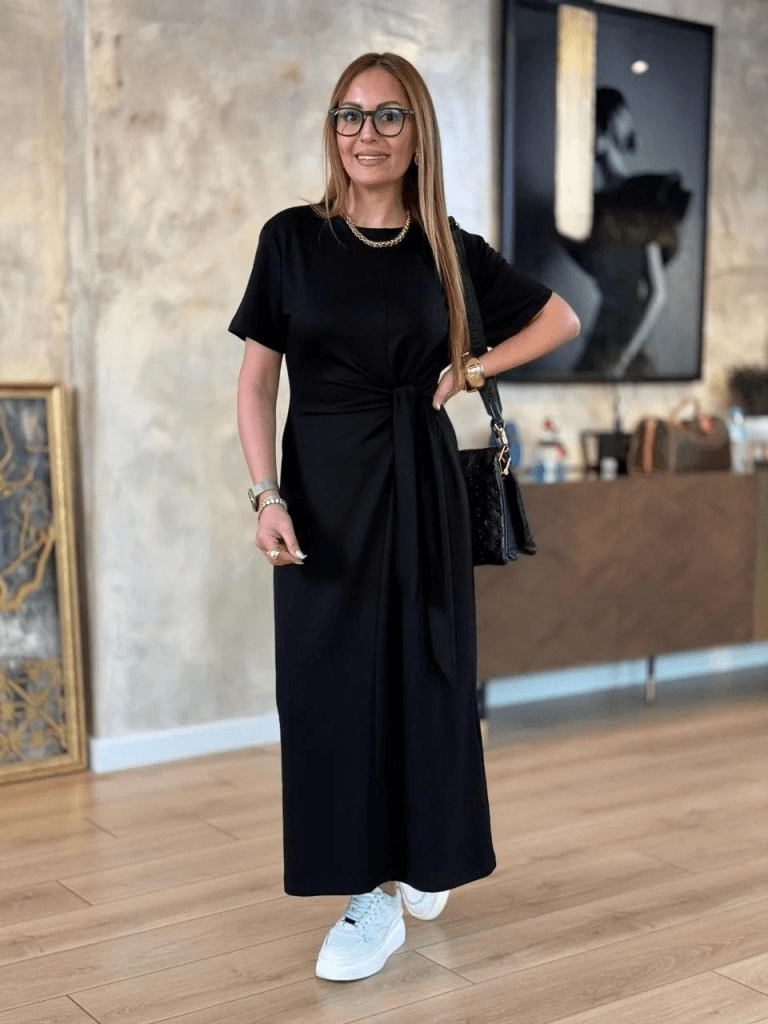 Women's Black Short-Sleeve Viscose Two-Thread Knot Waist Midi Dress - Janes - by Peralane - photo 3