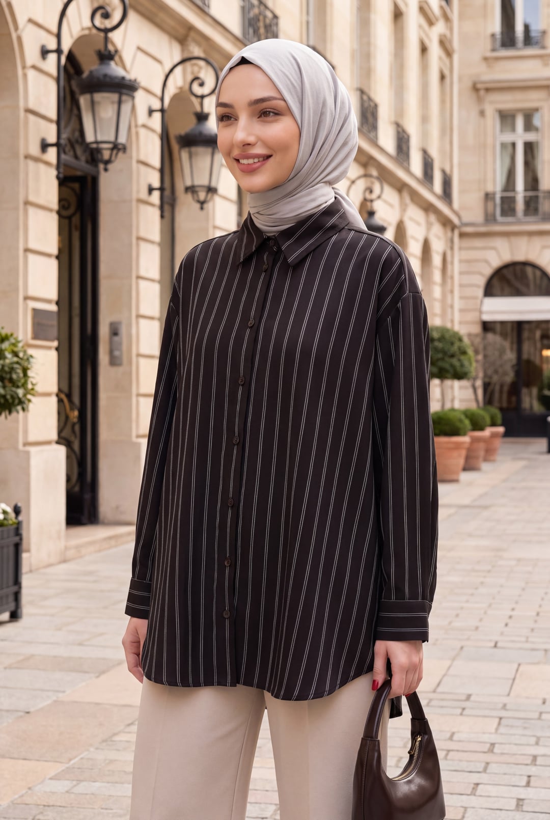 Striped Button Oval Cut Linen Look Shirt - Brown - Podyumplus - by Peralane