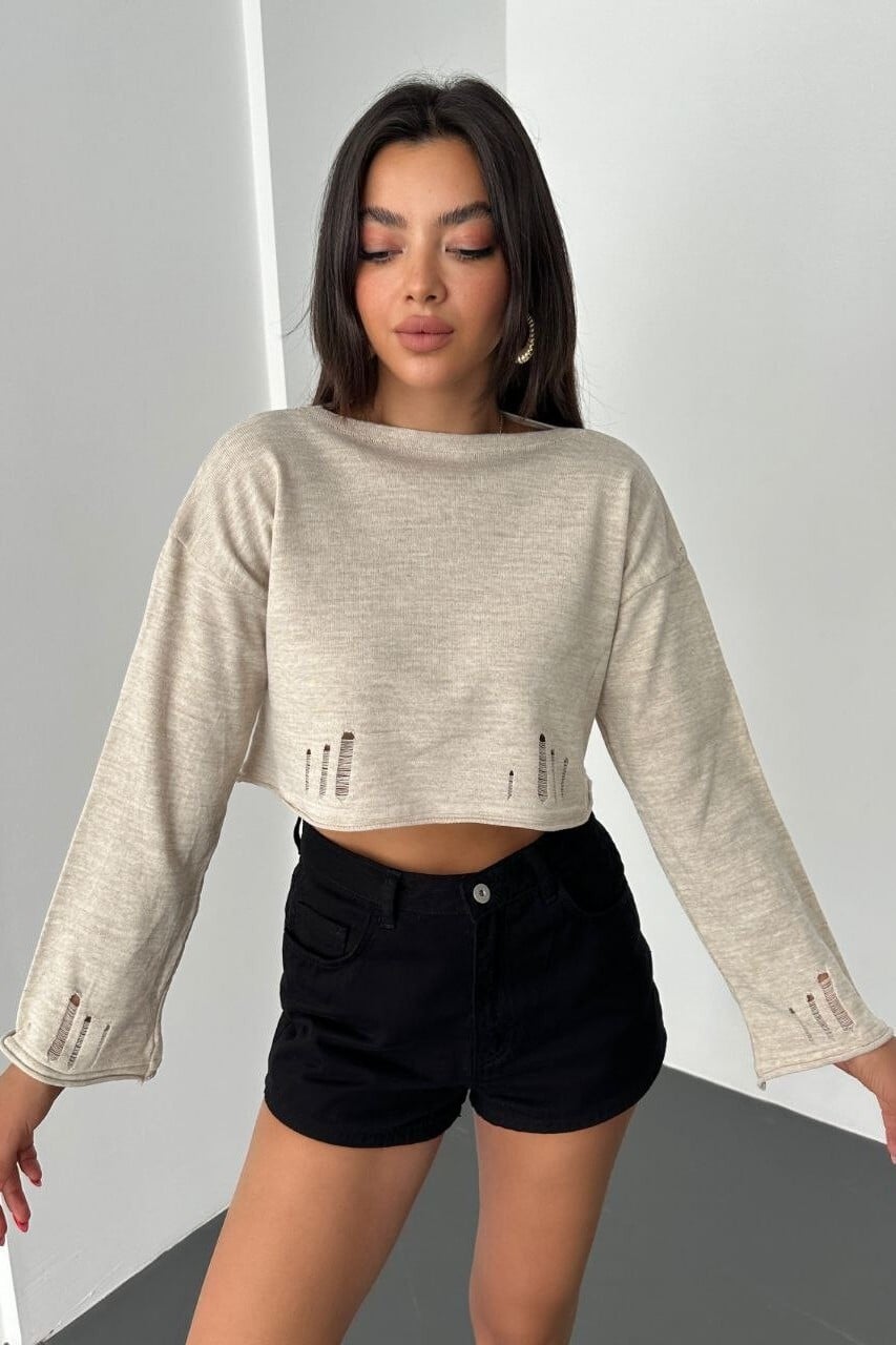 Boatneck Knit Crop Top - Stone - Podyumplus - by Peralane - photo 3