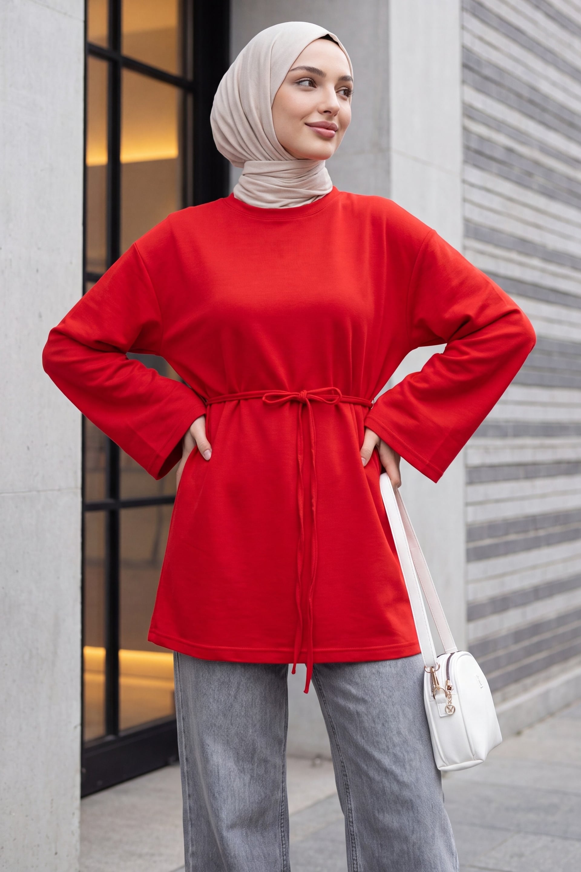 Round Neck Tie Waist Knit Tunic - Red - Podyumplus - by Peralane - photo 3