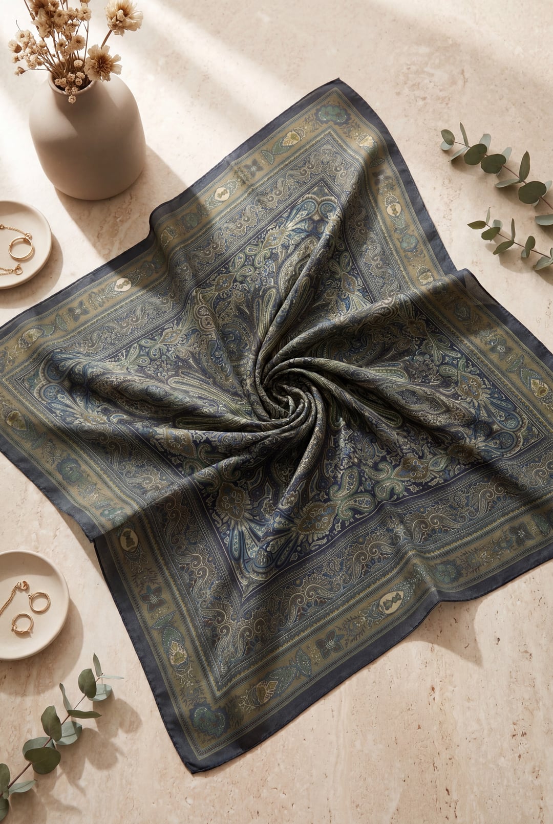 Framed Ethnic Print Cotton Scarf - Olive Green - Podyumplus - by Peralane