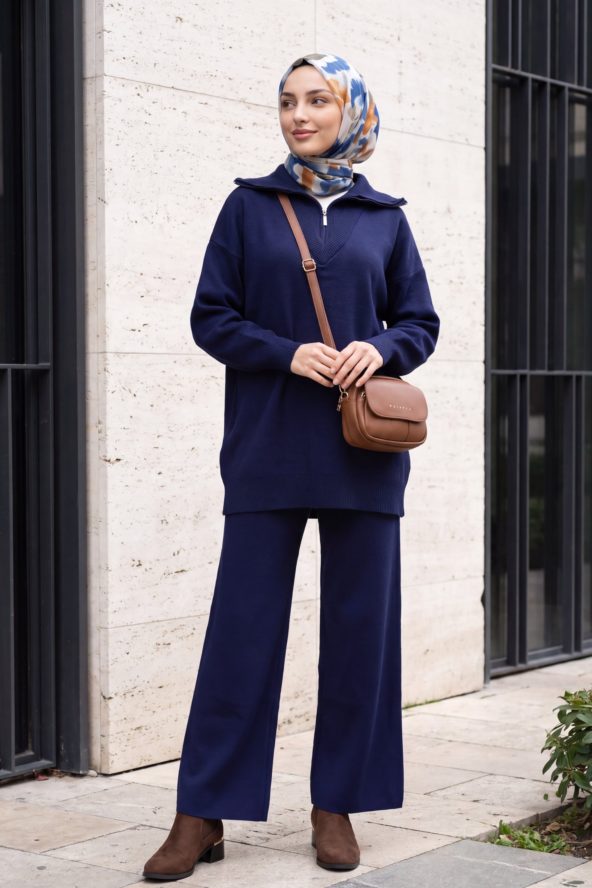 Navy Blue Knit Co-ord Set with Zip and Slit Details - Podyumplus - by Peralane - photo 4