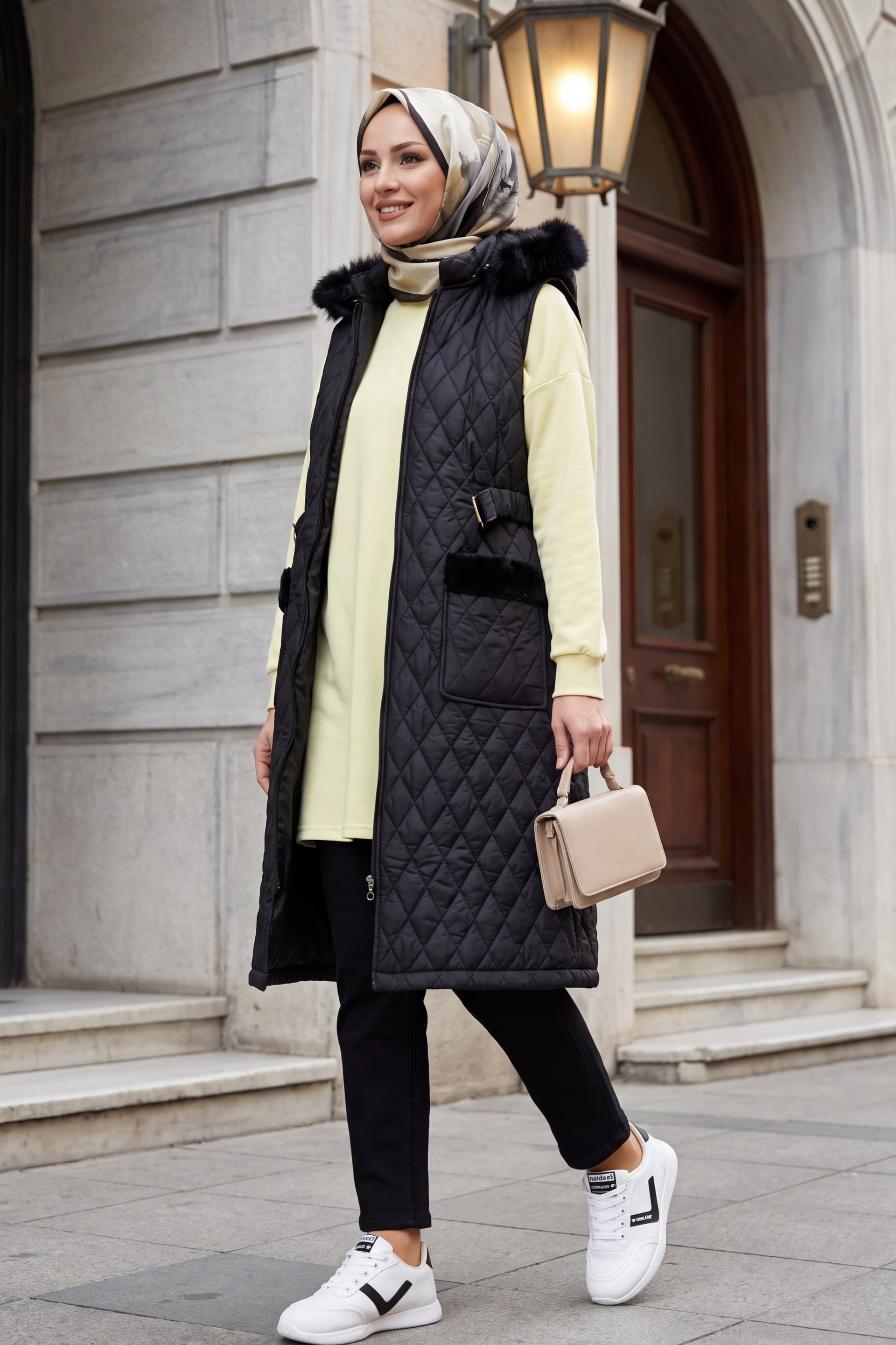 Quilted Vest with Removable Hood and Belt - Black - Podyumplus - by Peralane - photo 4