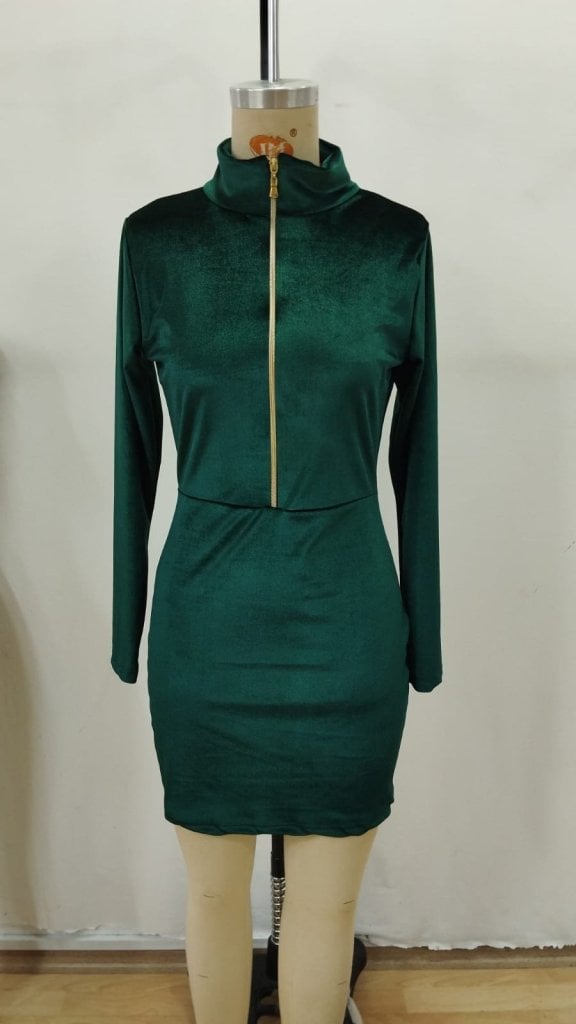 Women's Long Sleeve Mock Neck Mini Velvet Dress with Front Zip - Janes - by Peralane - photo 4