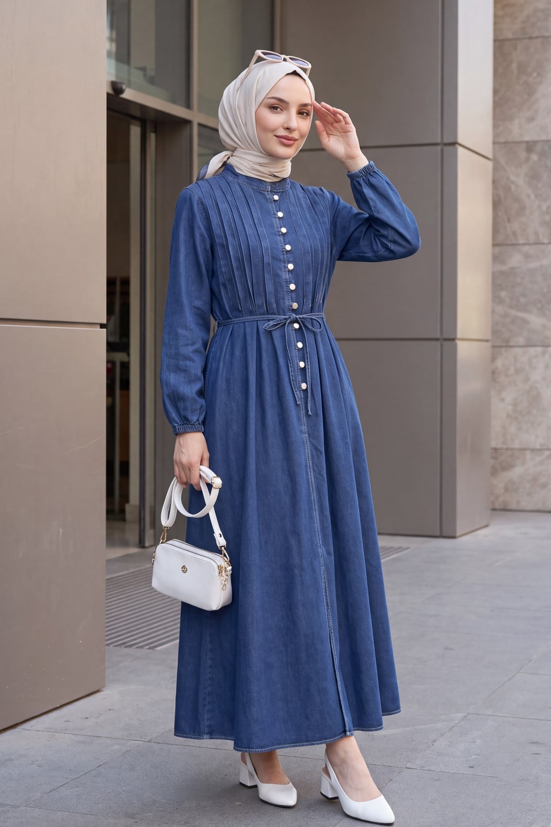 Half-Back Button Denim Dress with Tie Belt and Elastic Cuffs - Navy - Podyumplus - by Peralane - photo 4