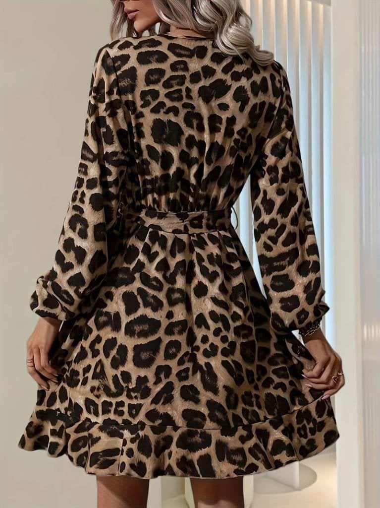 Women's Leopard Print Modal Mini Dress with Wrap V-Neck and Long Balloon Sleeves - Janes - by Peralane - photo 3