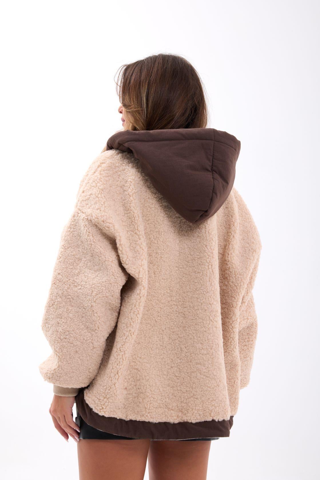 Women's Zip-Front Hoodie in Light Tan with Brown Trim - Fame - by Peralane - photo 3