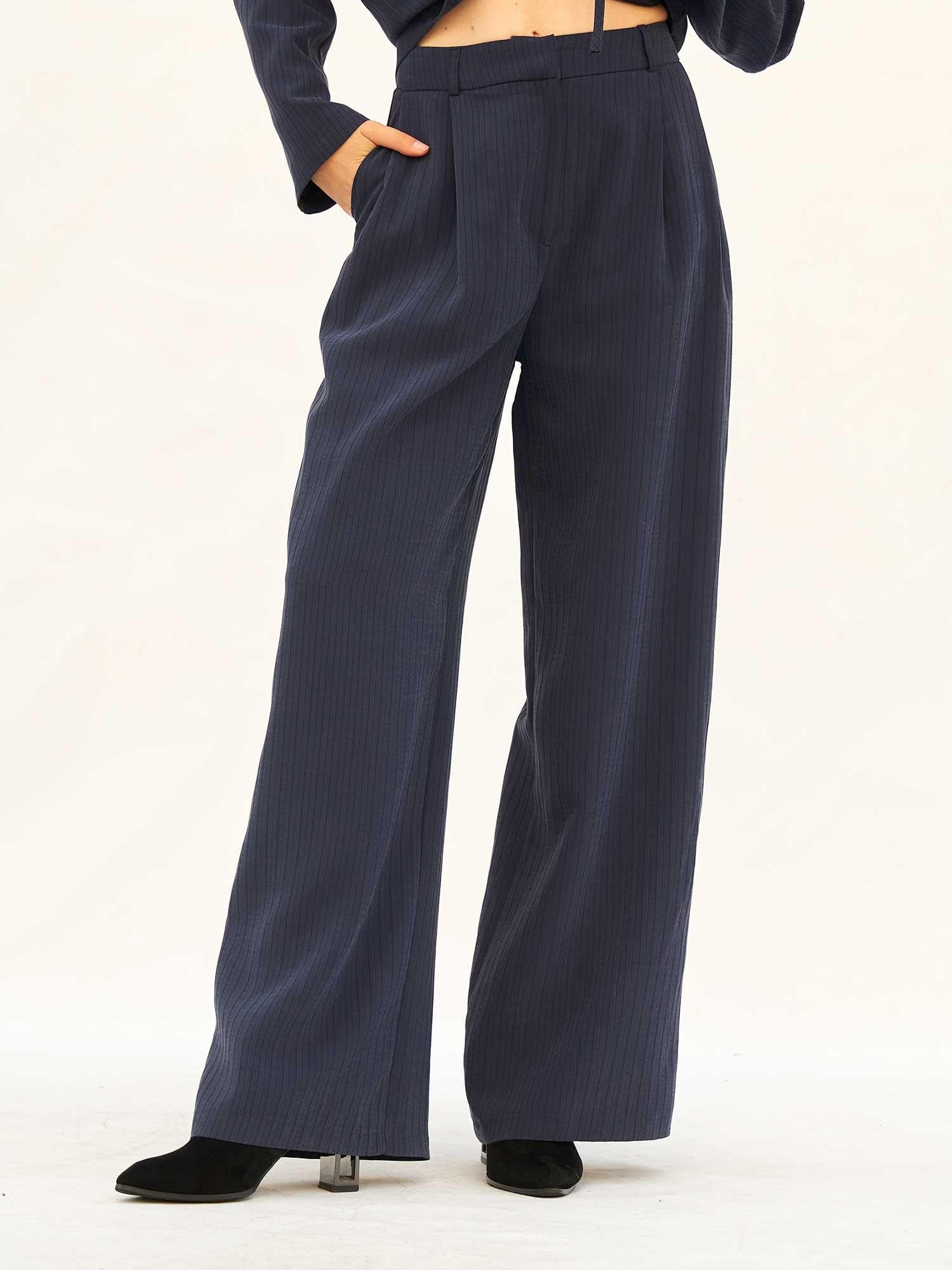 Navy Pinstripe Blazer and Wide-Leg Trousers Set - Lefon - by Peralane - photo 6