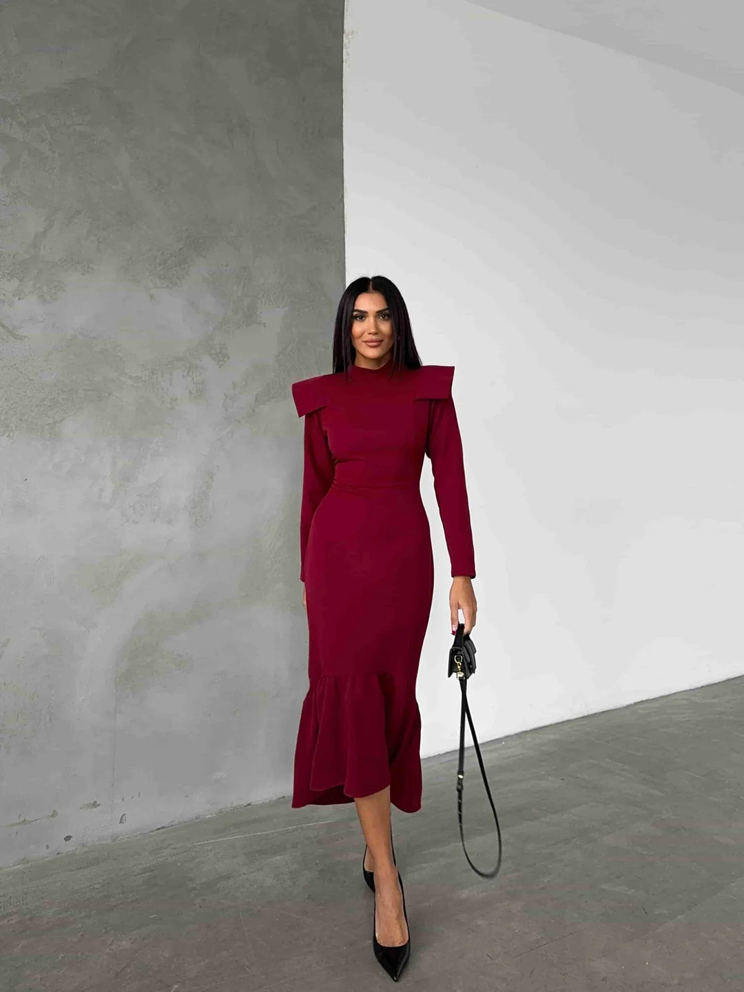 Maroon Long-Sleeve Knit Dress with Ruffled Hem - My Bee - by Peralane