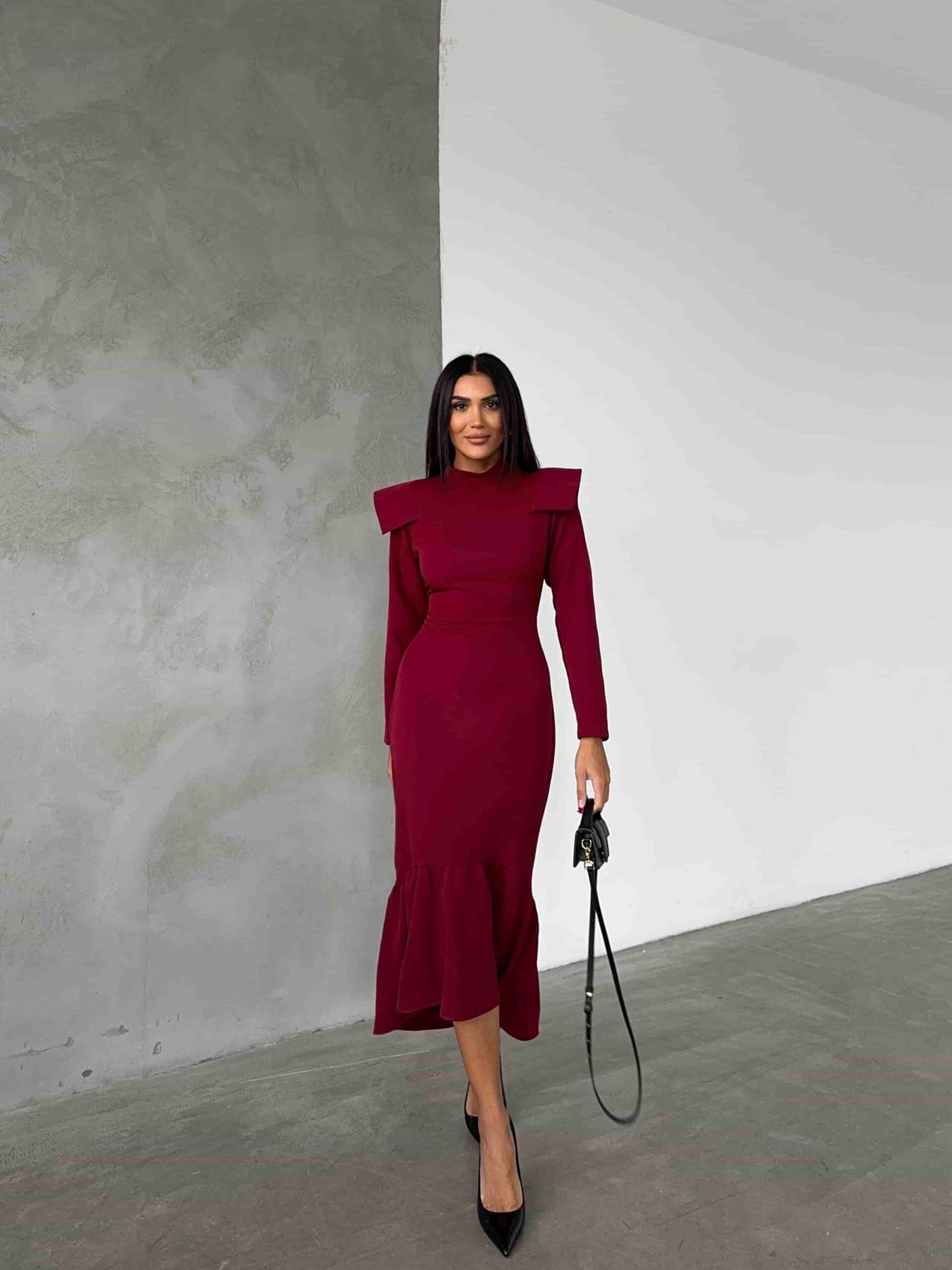 Maroon Long-Sleeve Knit Dress with Ruffled Hem - My Bee - by Peralane