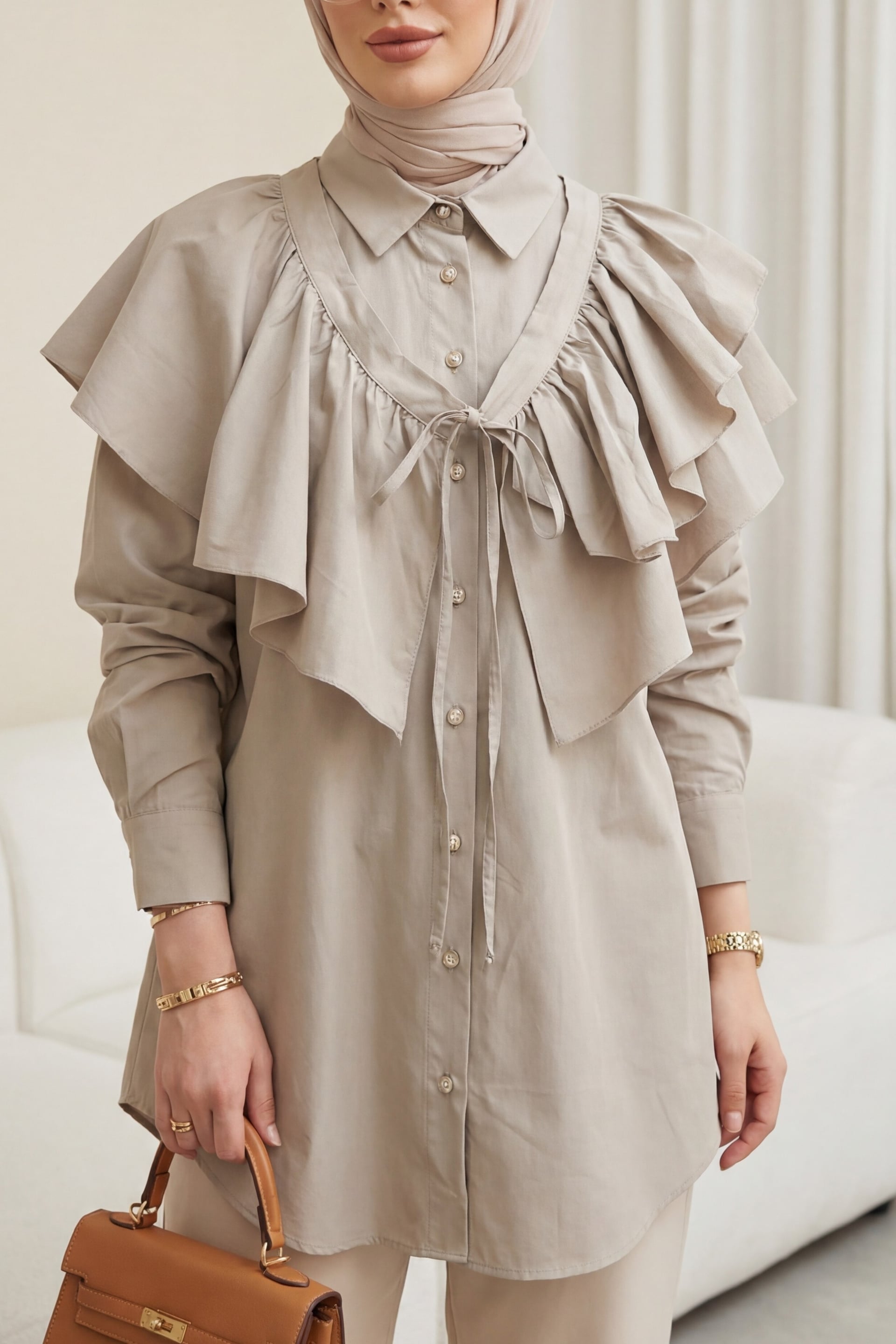 Cape Detail Buttoned Oval Cut Poplin Tunic in Stone - Podyumplus - by Peralane - photo 4